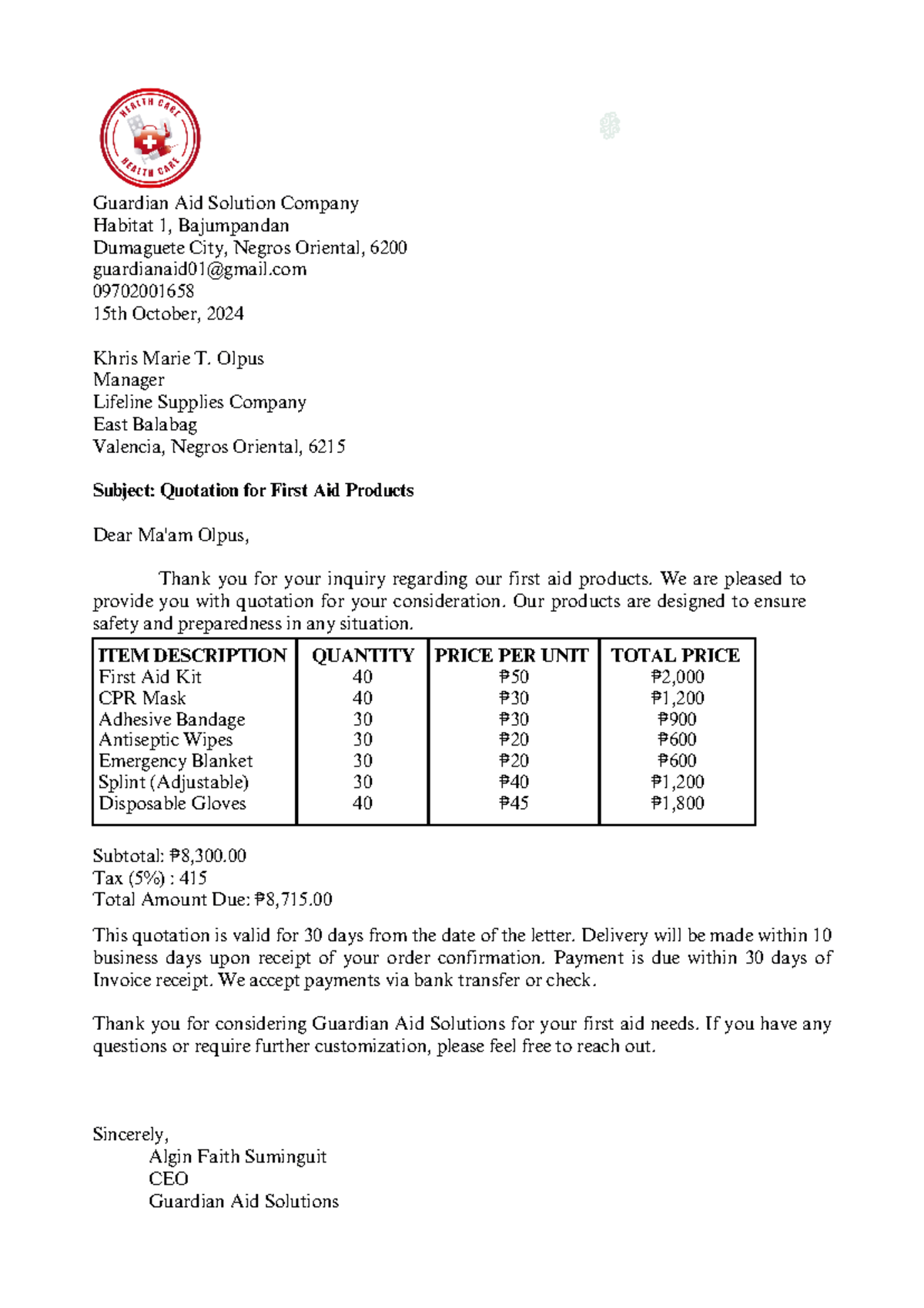 Price Quotation Document - ITEM DESCRIPTION First Aid Kit CPR Mask ...