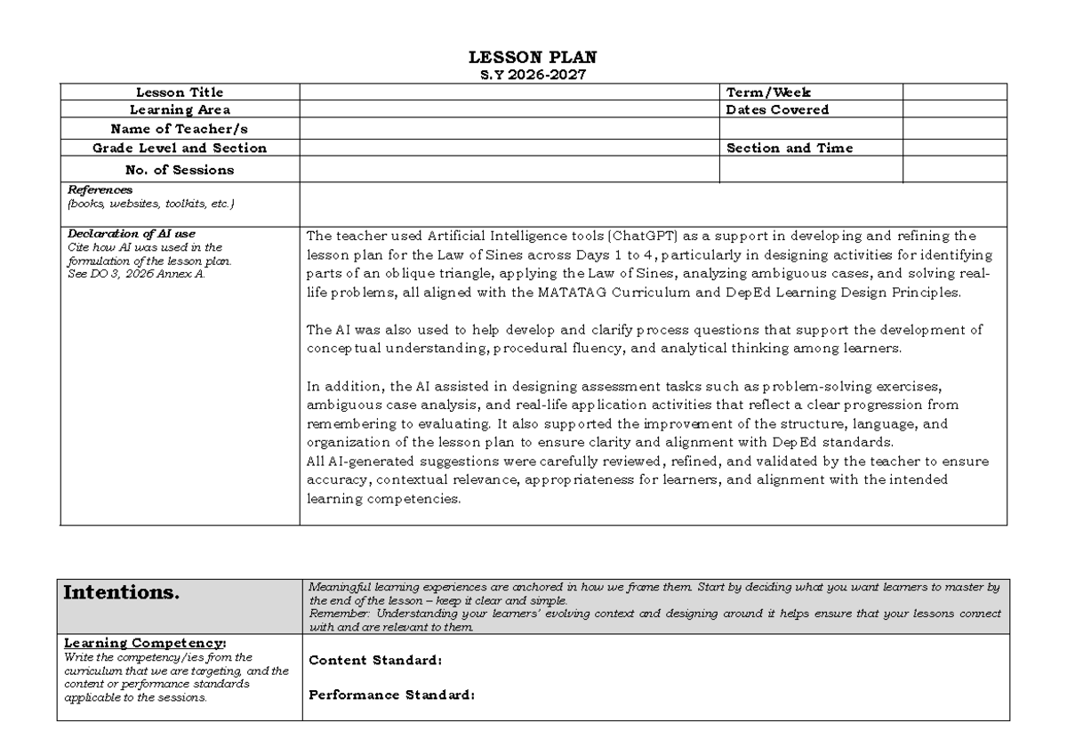 ILAW-Template: Lesson Plan for Law of Sines (S.Y.) - Studocu