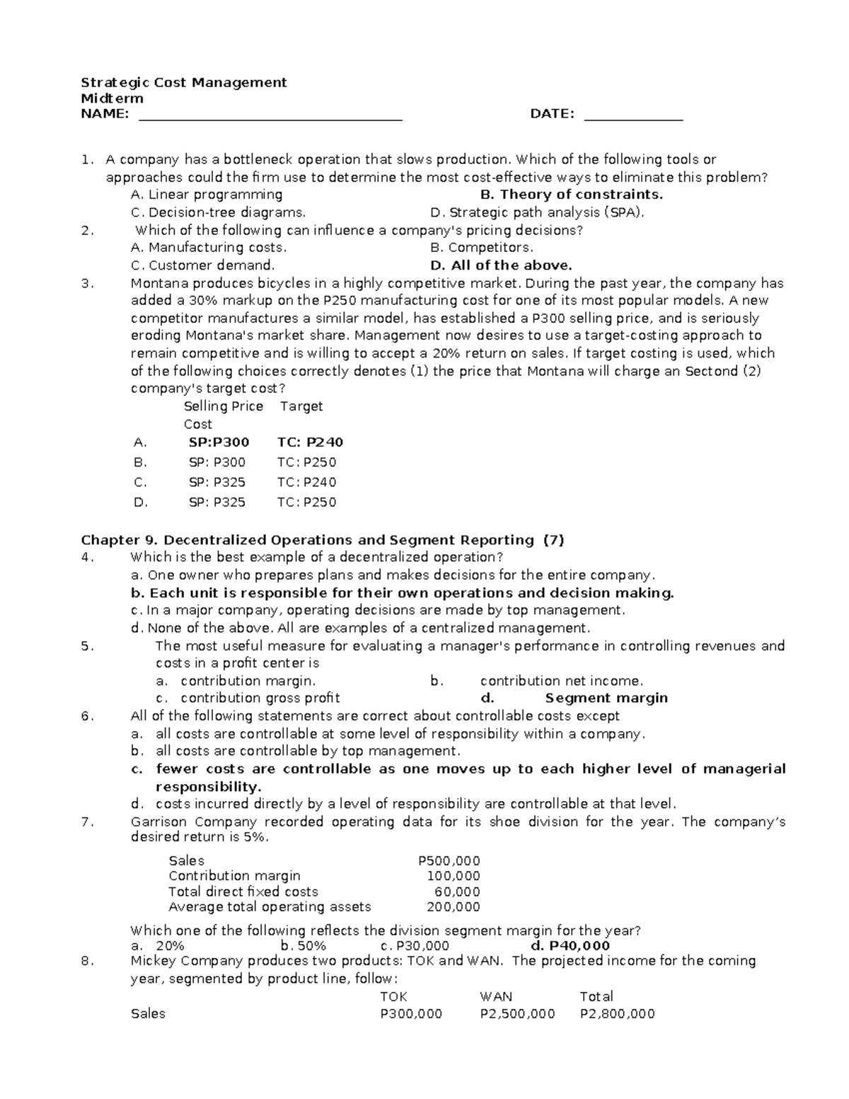 Midterm Exam: Strategic Cost Management 2023-2024 - Studocu