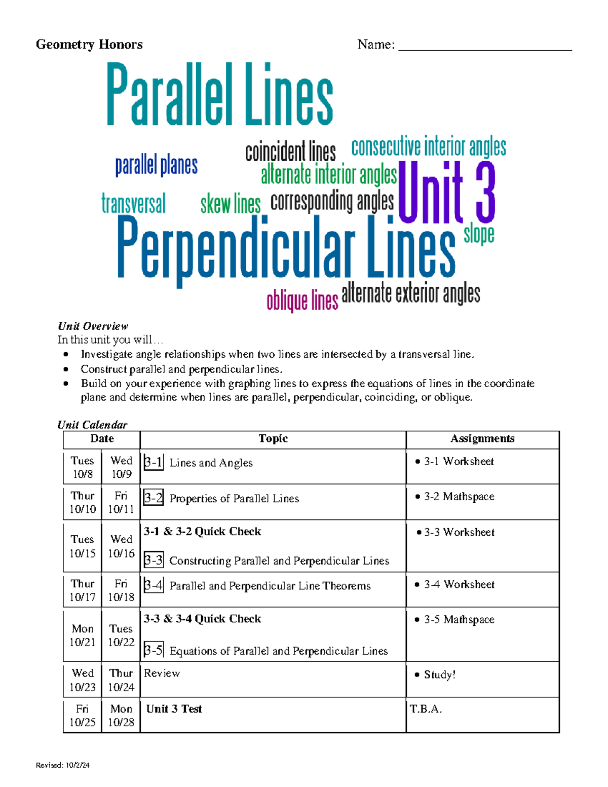 Geometry Honors: Overview of Parallel & Perpendicular Lines Unit - Studocu