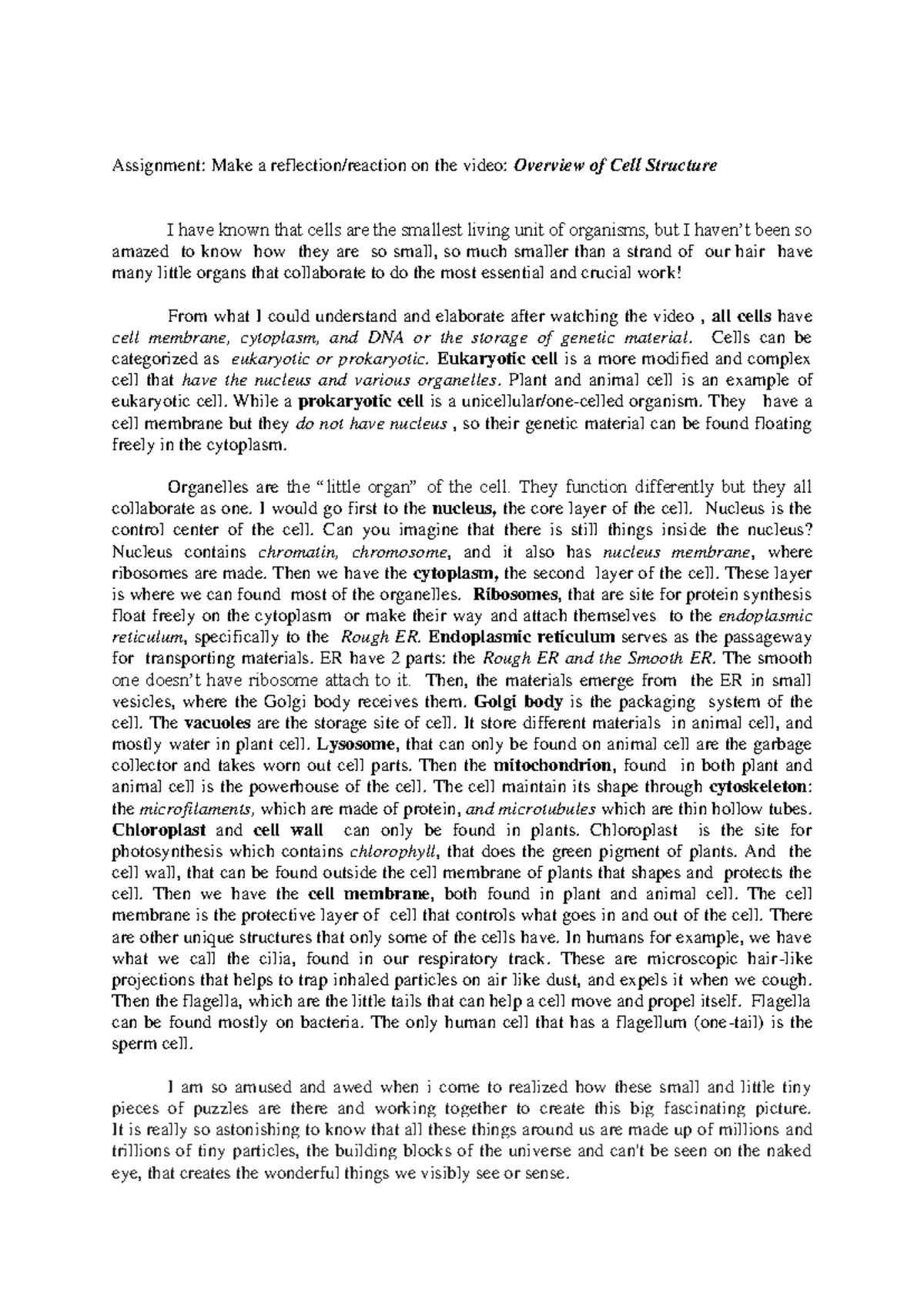 Overview of Cell Structure (Reflection Essay) - Biology 101 - Studocu