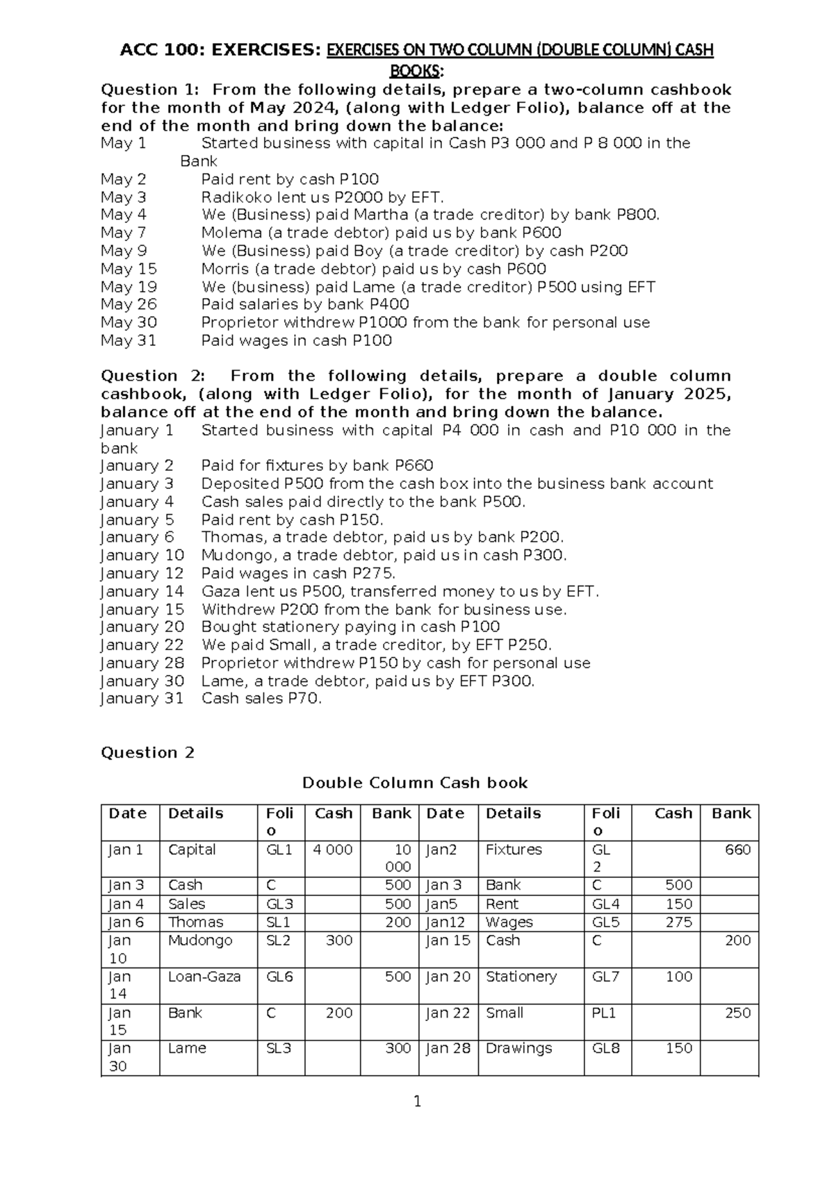ACC 100: Double Column Cashbook Exercises for May 2024 & Jan 2025 - Studocu