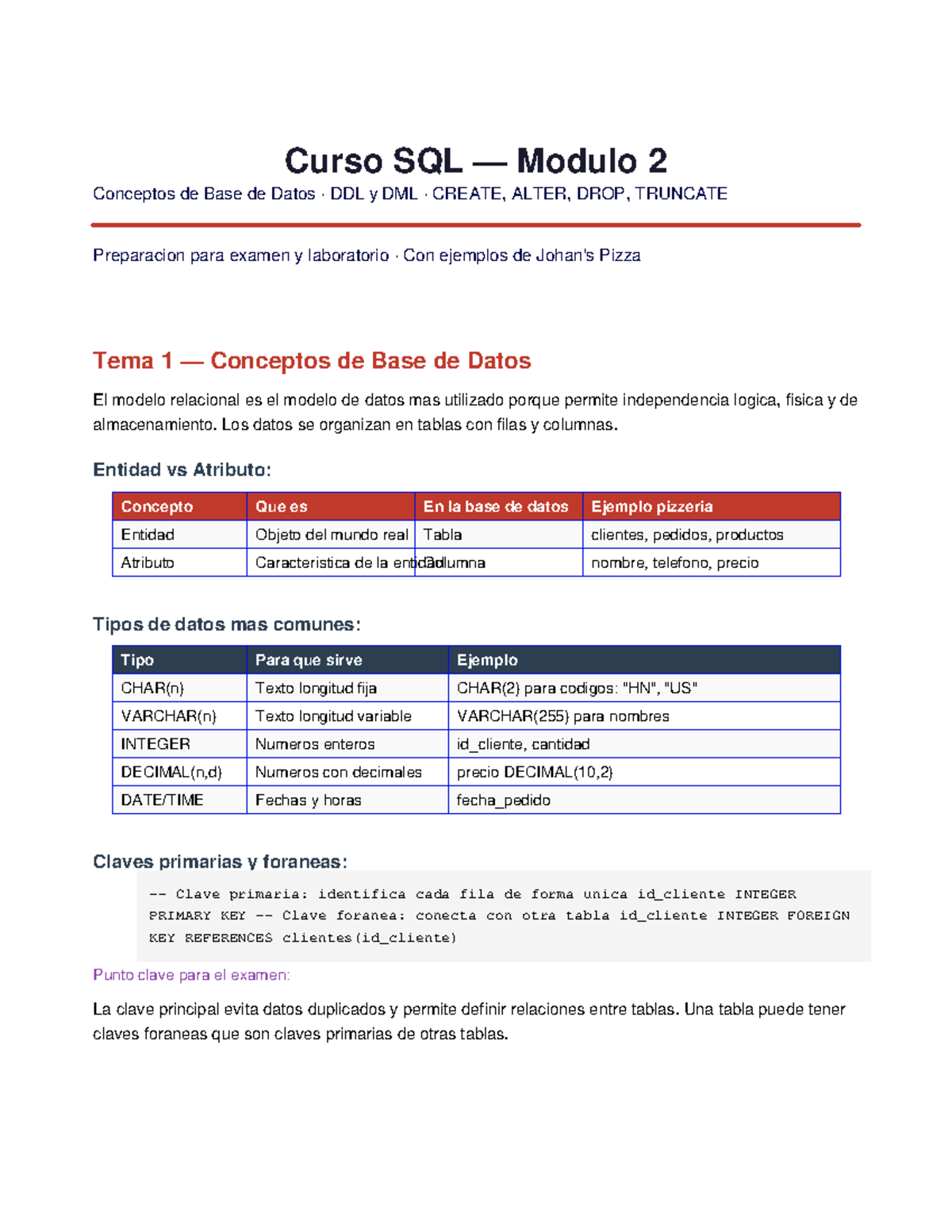 Modulo 2: Conceptos de SQL DDL y DML para Examen y Laboratorio - Studocu