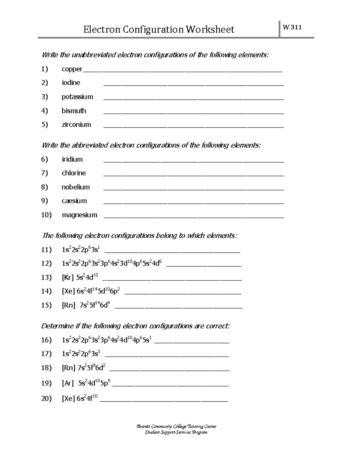 Electron Configurations Worksheet (W311) - Practice & Review - Studocu