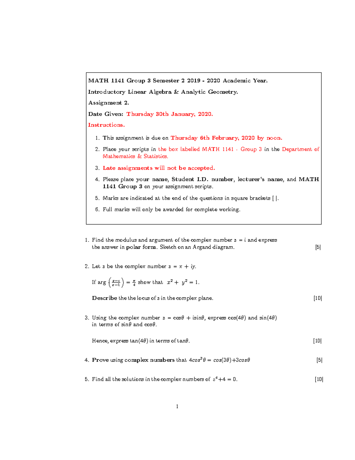 MATH 1141 Assignment 2 - Practice Questions on Complex Numbers