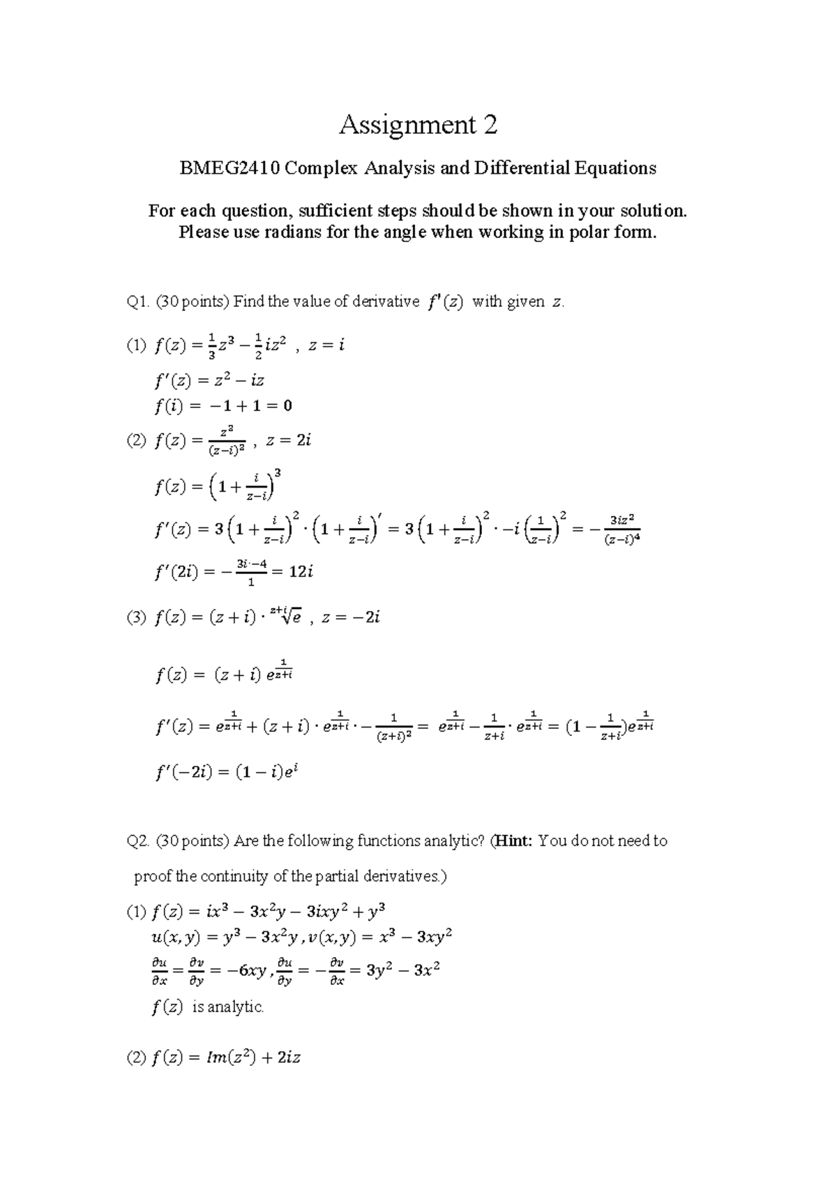 Assignment 2 BMEG2410 Solutions: Complex Analysis & Diff. Equations ...