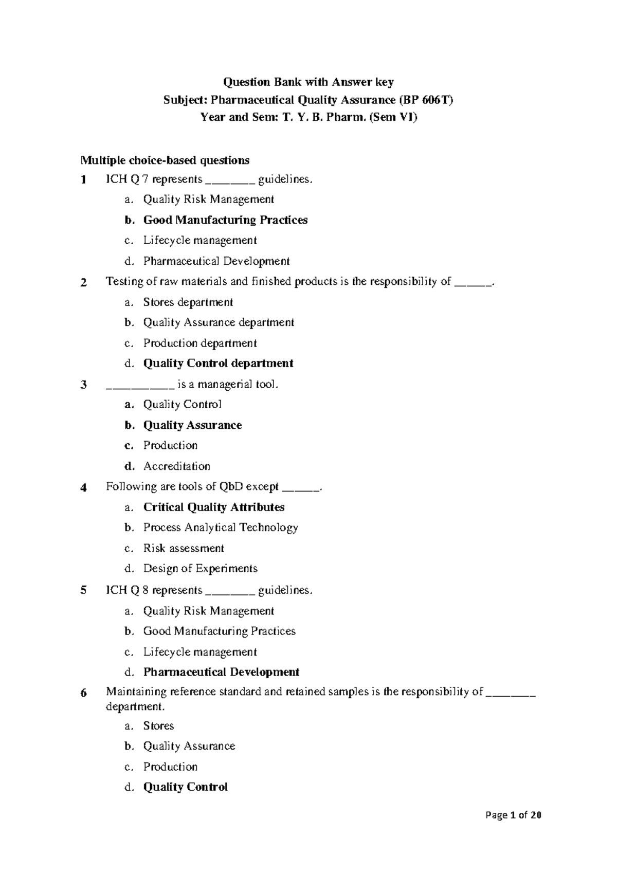 BP606T Pharmaceutical Quality Assurance Question Bank with Answers ...
