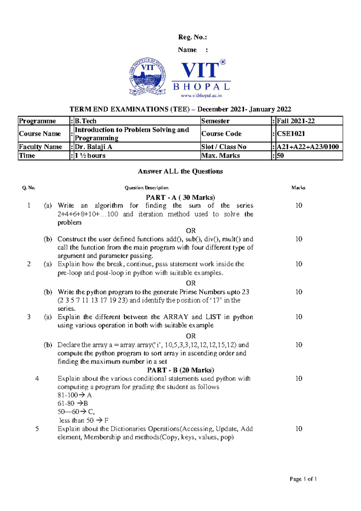 CSE1021 Fall 2021-22 TEE: Problem Solving & Programming Exam - Studocu