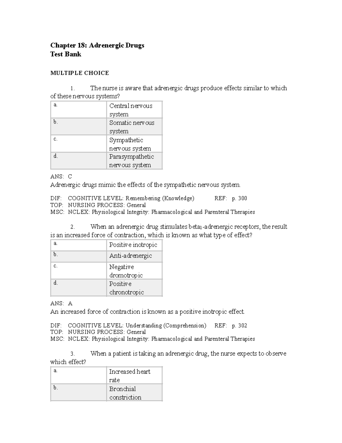 Chapter 18 Test Bank: Adrenergic Drugs Overview and Questions - Studocu