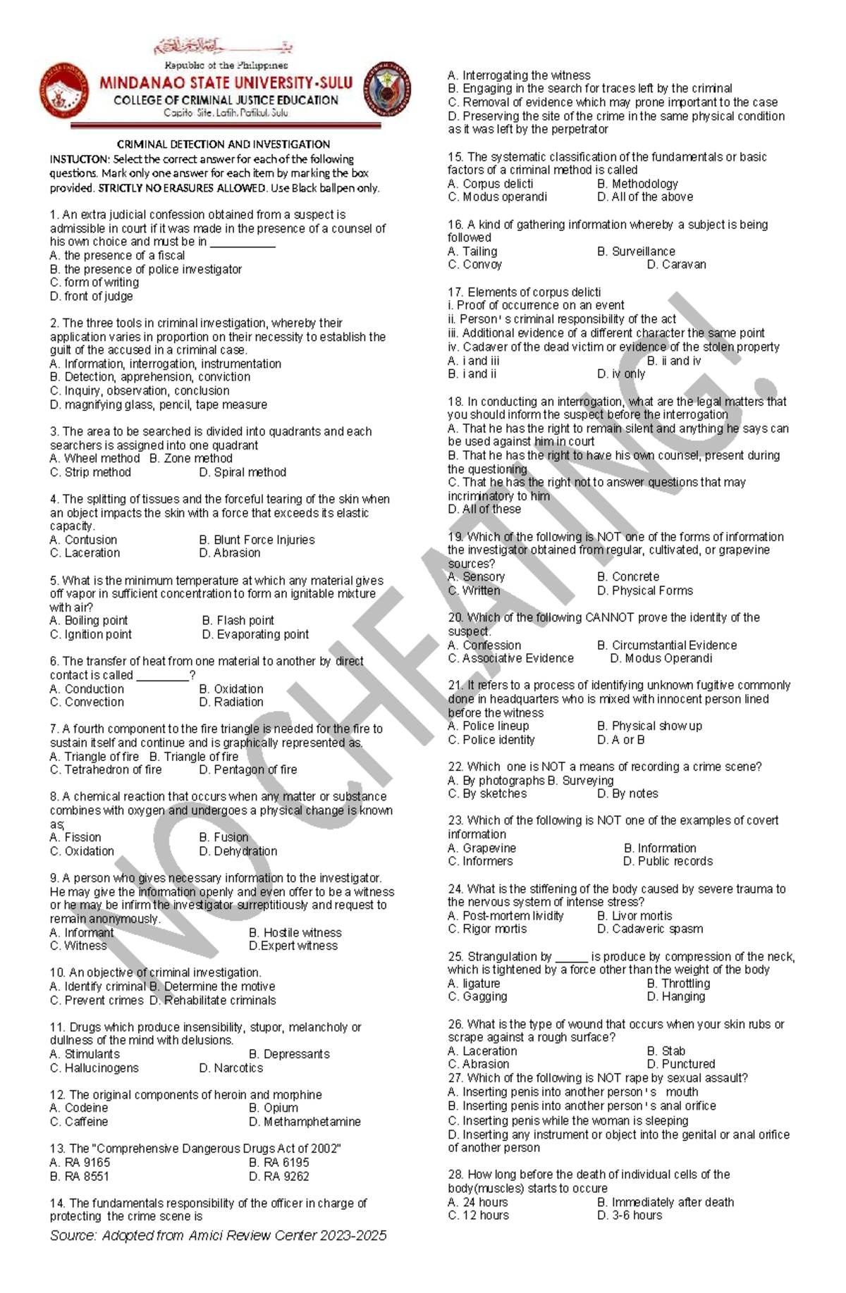 Questionnaire for CRIMINAL DETECTION AND INVESTIGATION (CDI) Mock Board ...