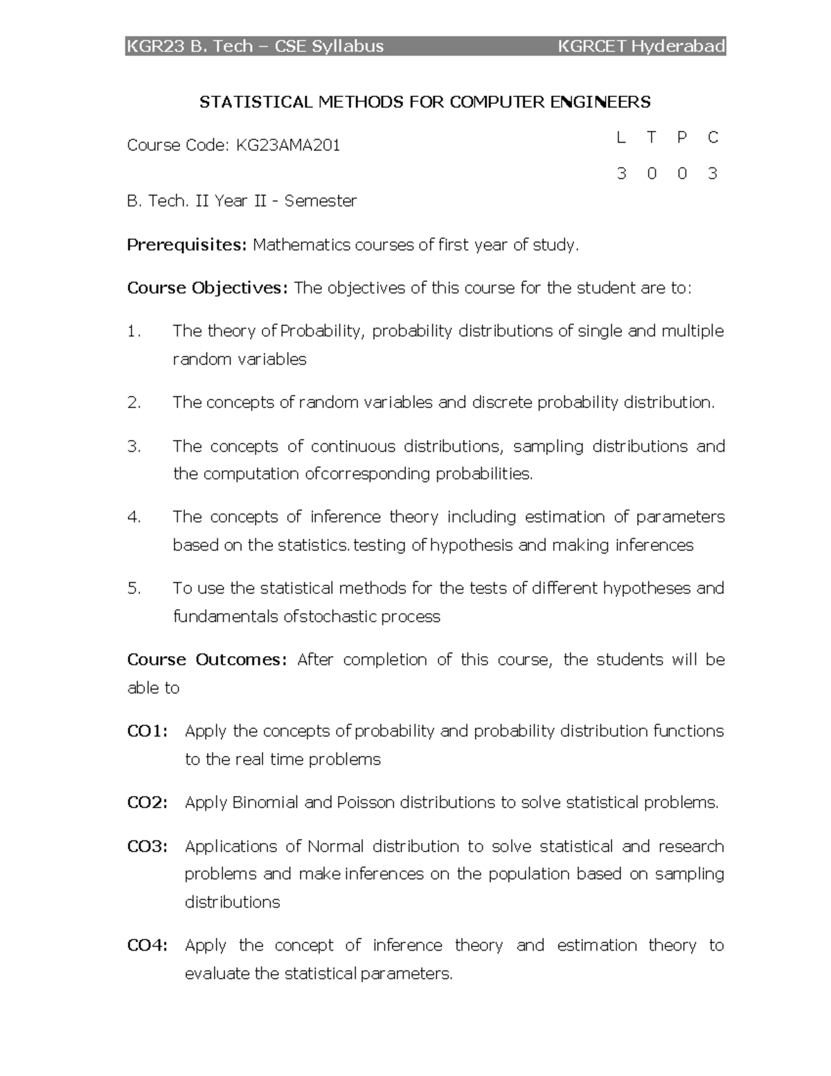 Statistical Methods for Computer Engineers - Syllabus (KG23AMA) - Studocu
