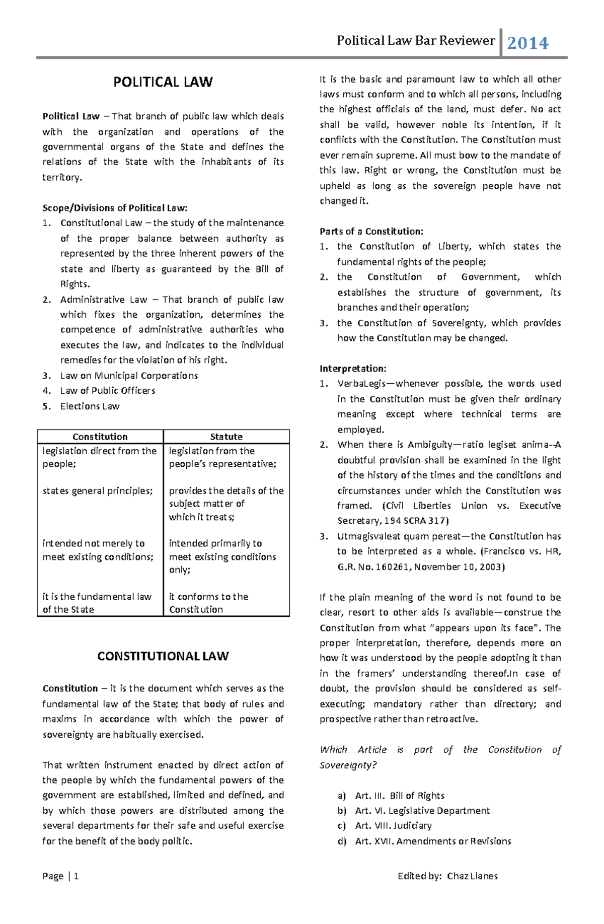 Political Law Bar Reviewer: Key Concepts and Constitutional Principles ...