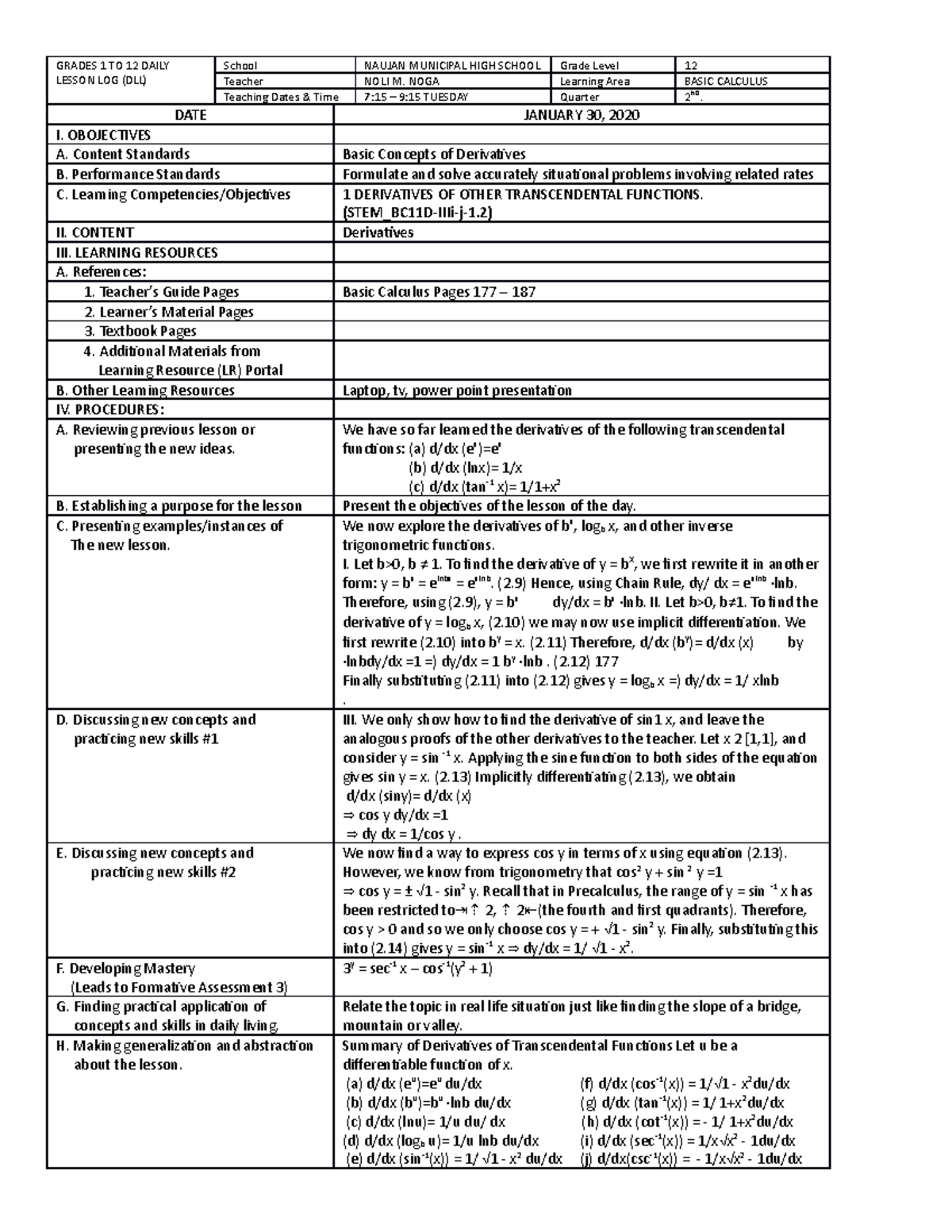 Implicit - BASIC CALCULUS - GRADES 1 TO 12 DAILY LESSON LOG (DLL ...