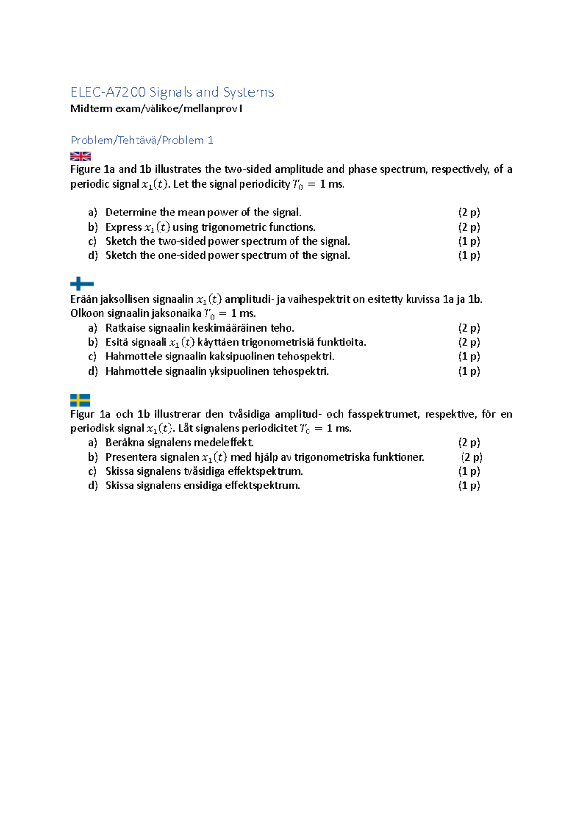 ELEC-A7200 Signals and Systems Midterm Exam Problems 1-3 - Studocu