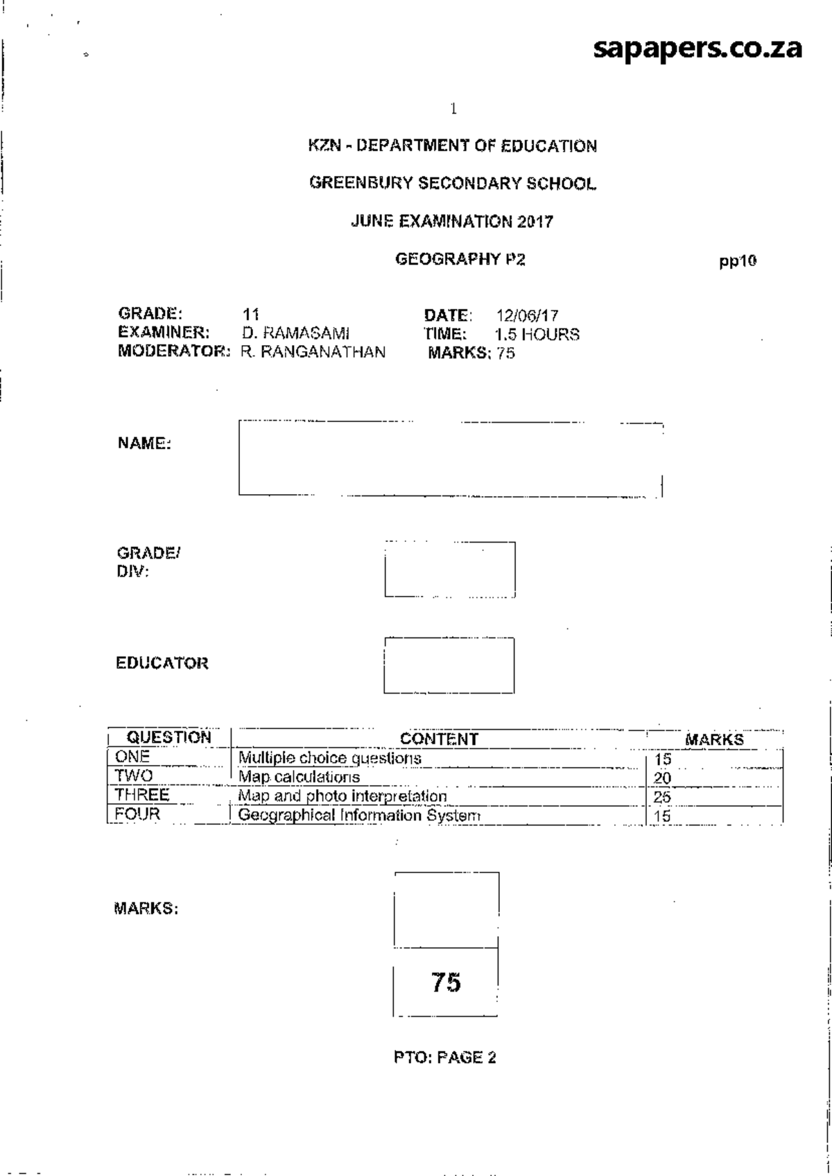 Geography Grade 11 June Exam P2 Question Paper & Memo 2017 - Studocu