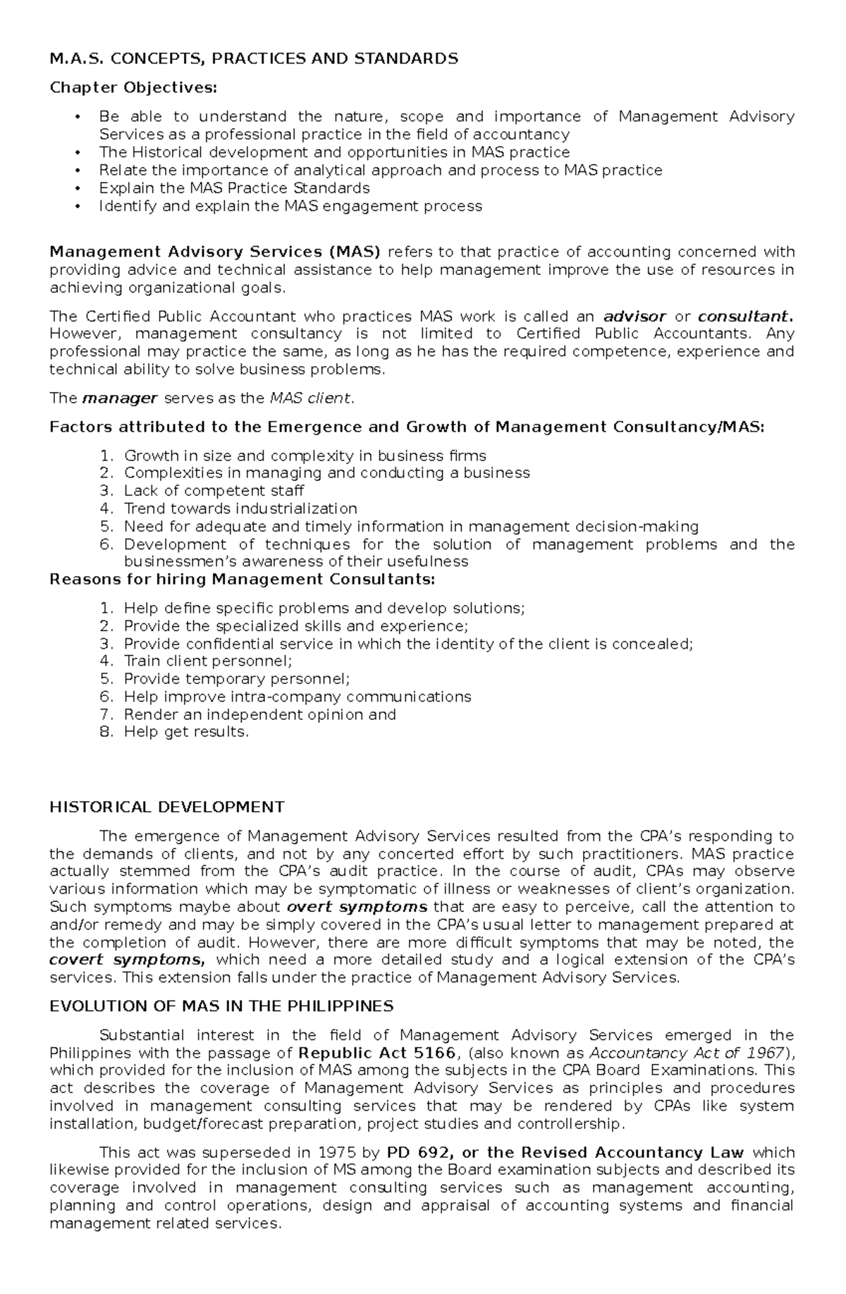 **M.A.S. Concepts and Practices: Chapter Overview and Standards** - Studocu