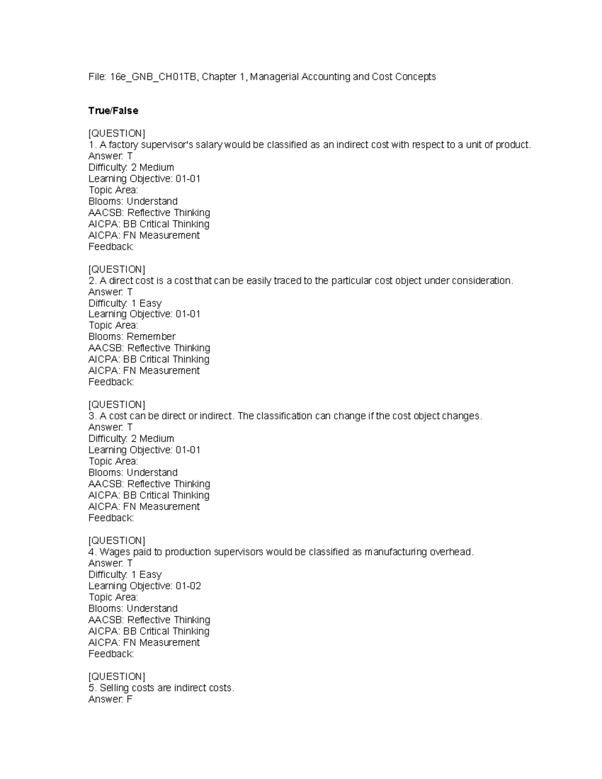 Managerial Accounting (16e) Chapter 1 Test Bank - Studocu