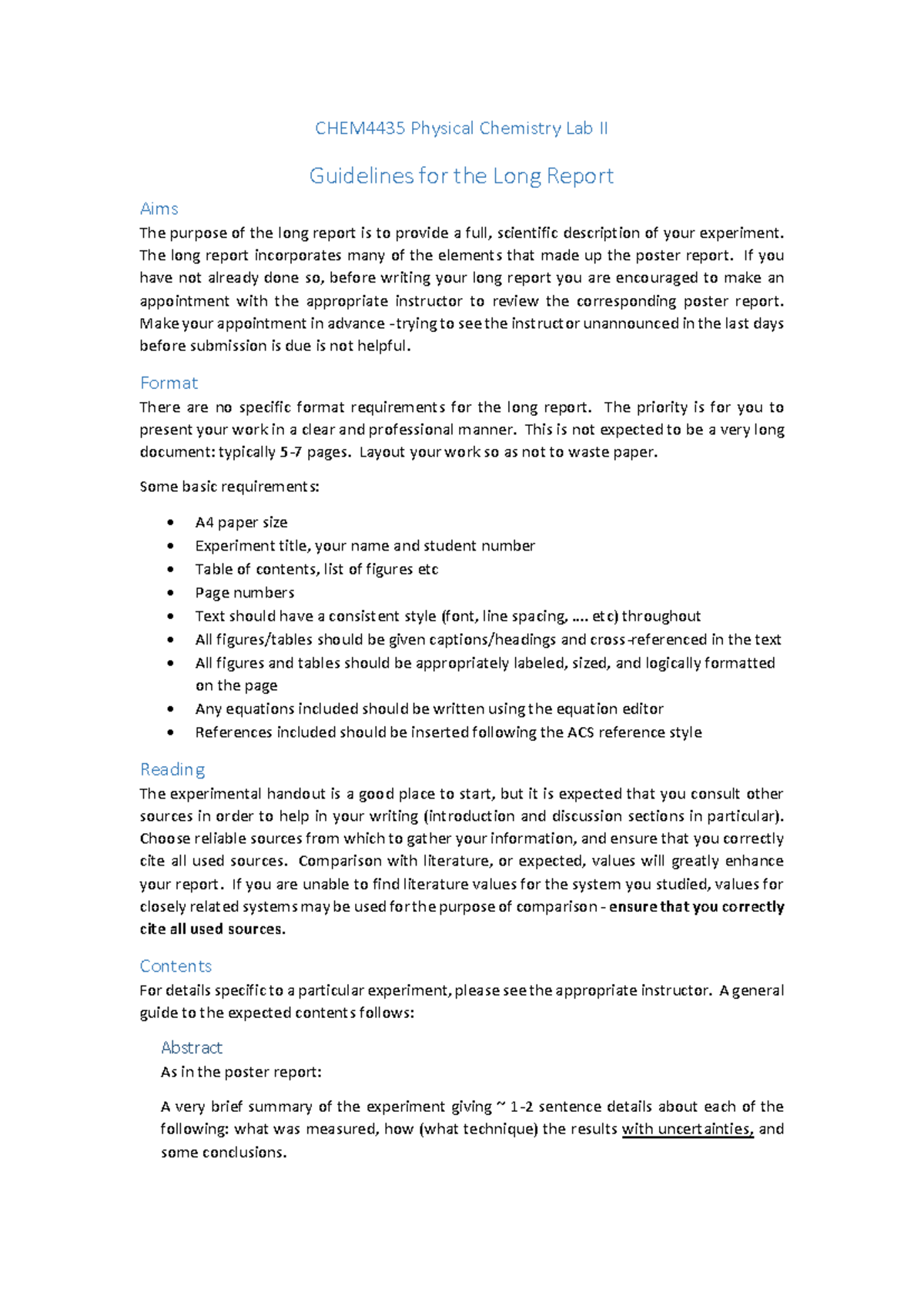 CHEM4435 Physical Chemistry Lab II Long Report Guidelines and Tips ...