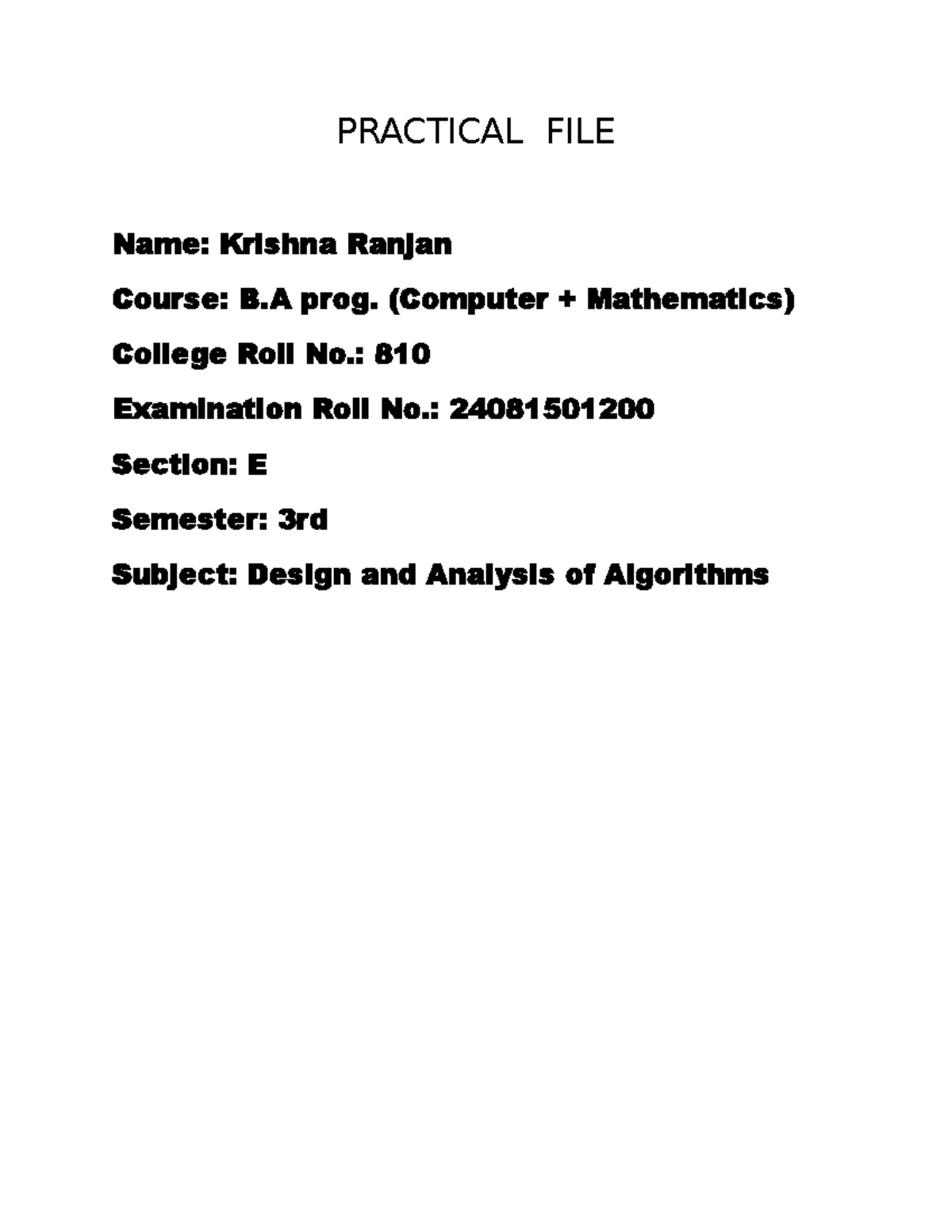 Design and Analysis of Algorithms Practical File - B.A. Prog. - Studocu