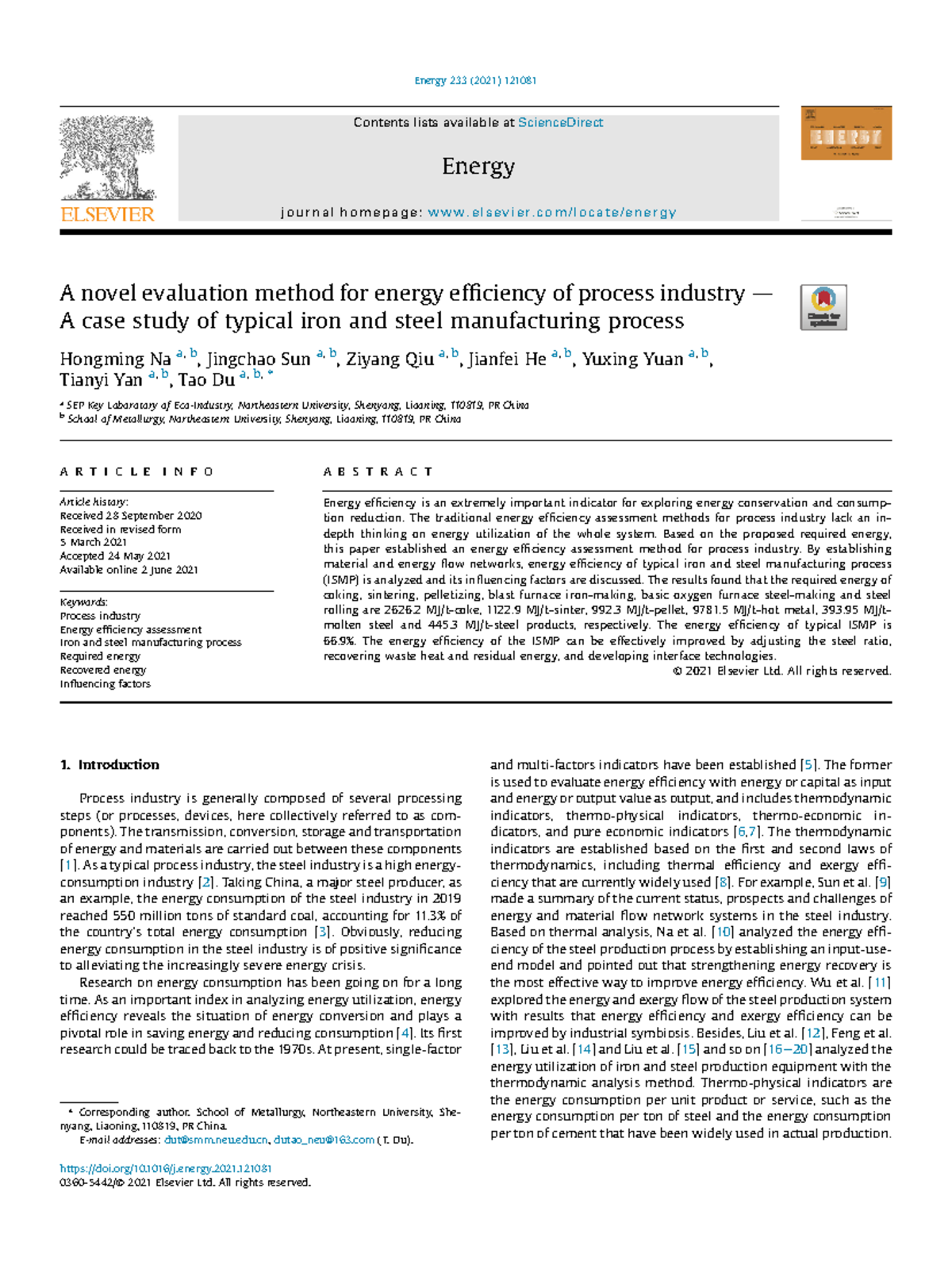 Na2021 - Energy Efficiency Evaluation in Iron and Steel Production ...
