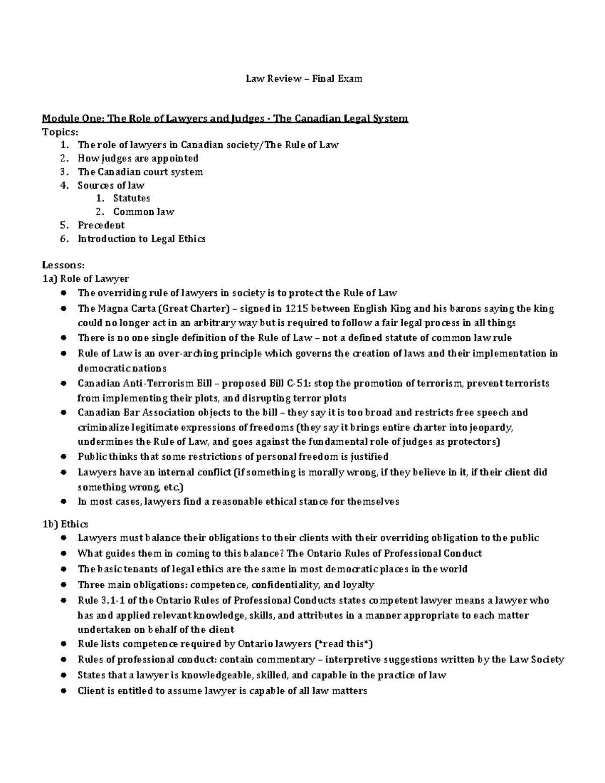 LAW- Final- Review - Law Review – Final Exam Module One: The Role of ...