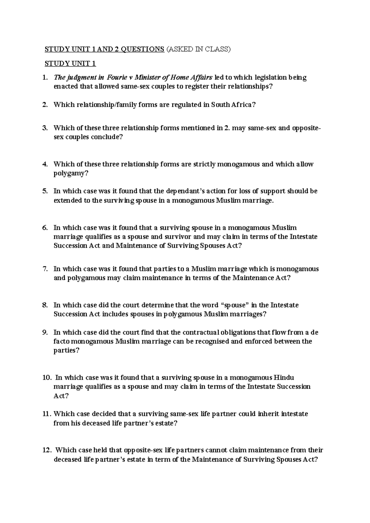 STUDY UNIT 1 & 2: Class Questions and Key Legal Cases - Studocu