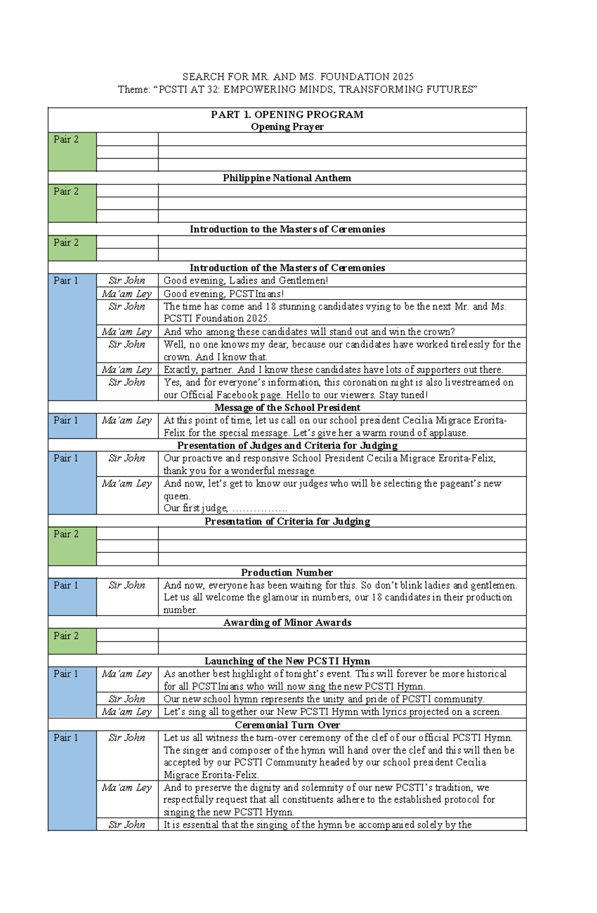 Script for Mr. & Ms. PCSTI 2025 Coronation Night Event - Studocu