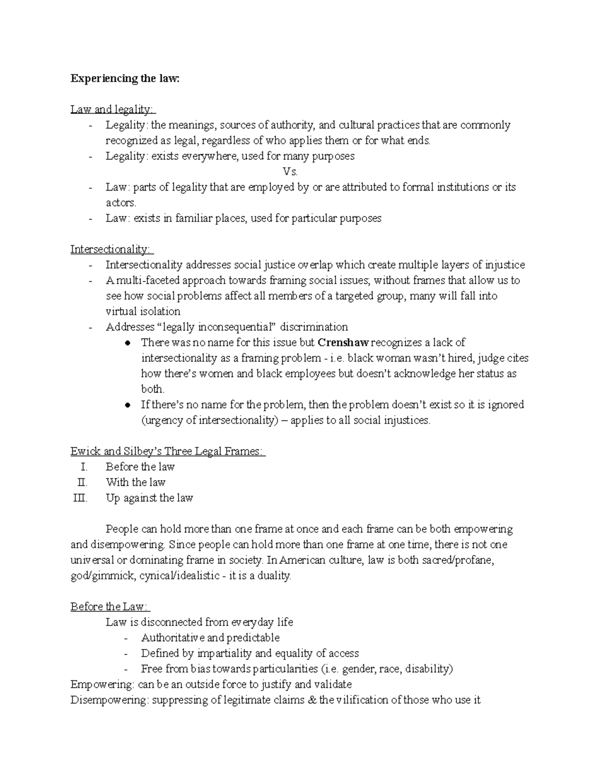 Legal Review 1 - Midterm Lecture Notes on Law and Intersectionality ...
