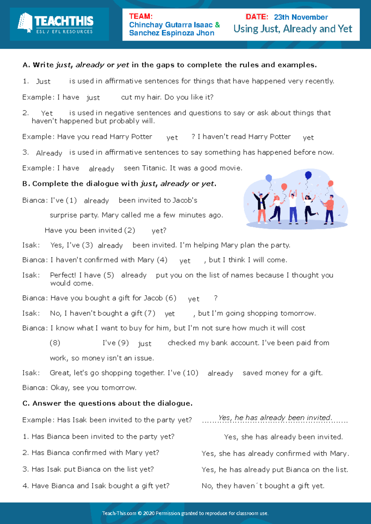 Using Just, Already, and Yet - Interactive ESL Worksheet - Studocu