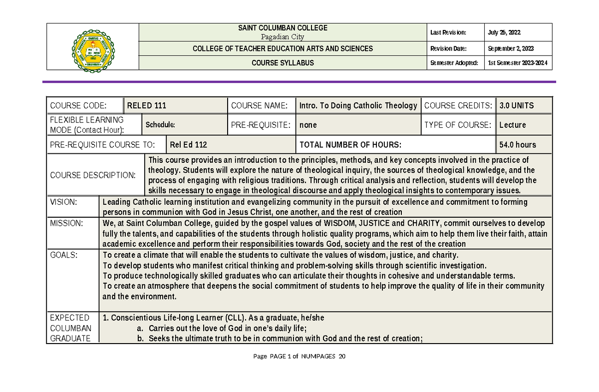 Revised Syllabus for Rel Ed 112: Intro to Catholic Theology - Studocu
