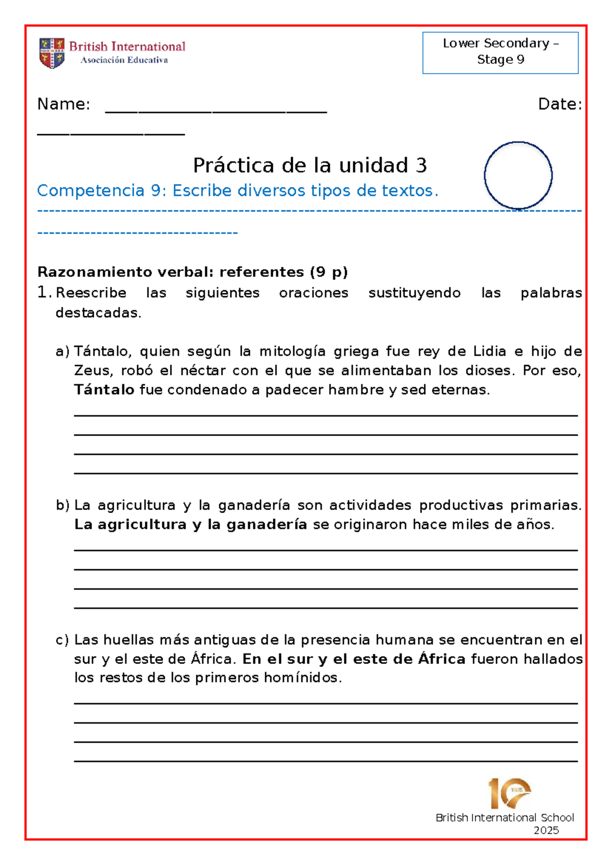 Lower Secondary Stage 9 Spanish Term IV: Práctica de Unidad 3 - Studocu