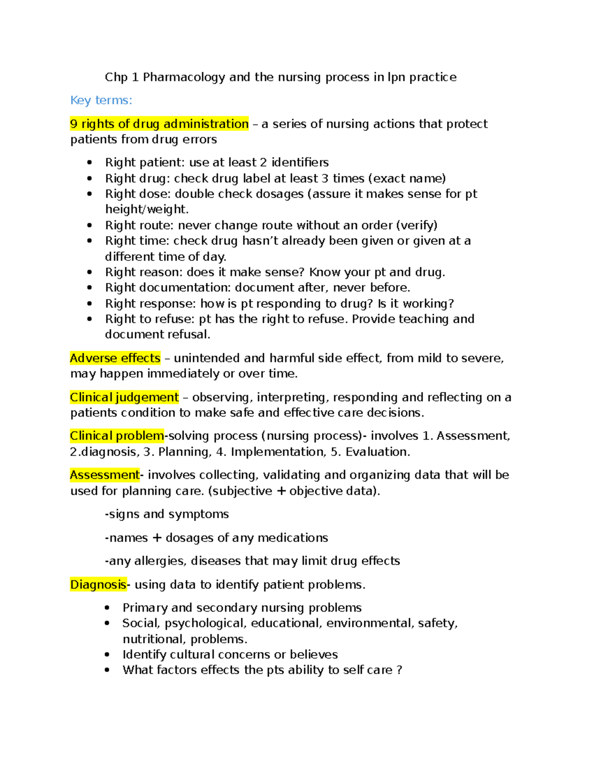 Pharm 101: Chp 1 Nursing Process & Drug Administration Notes - Studocu