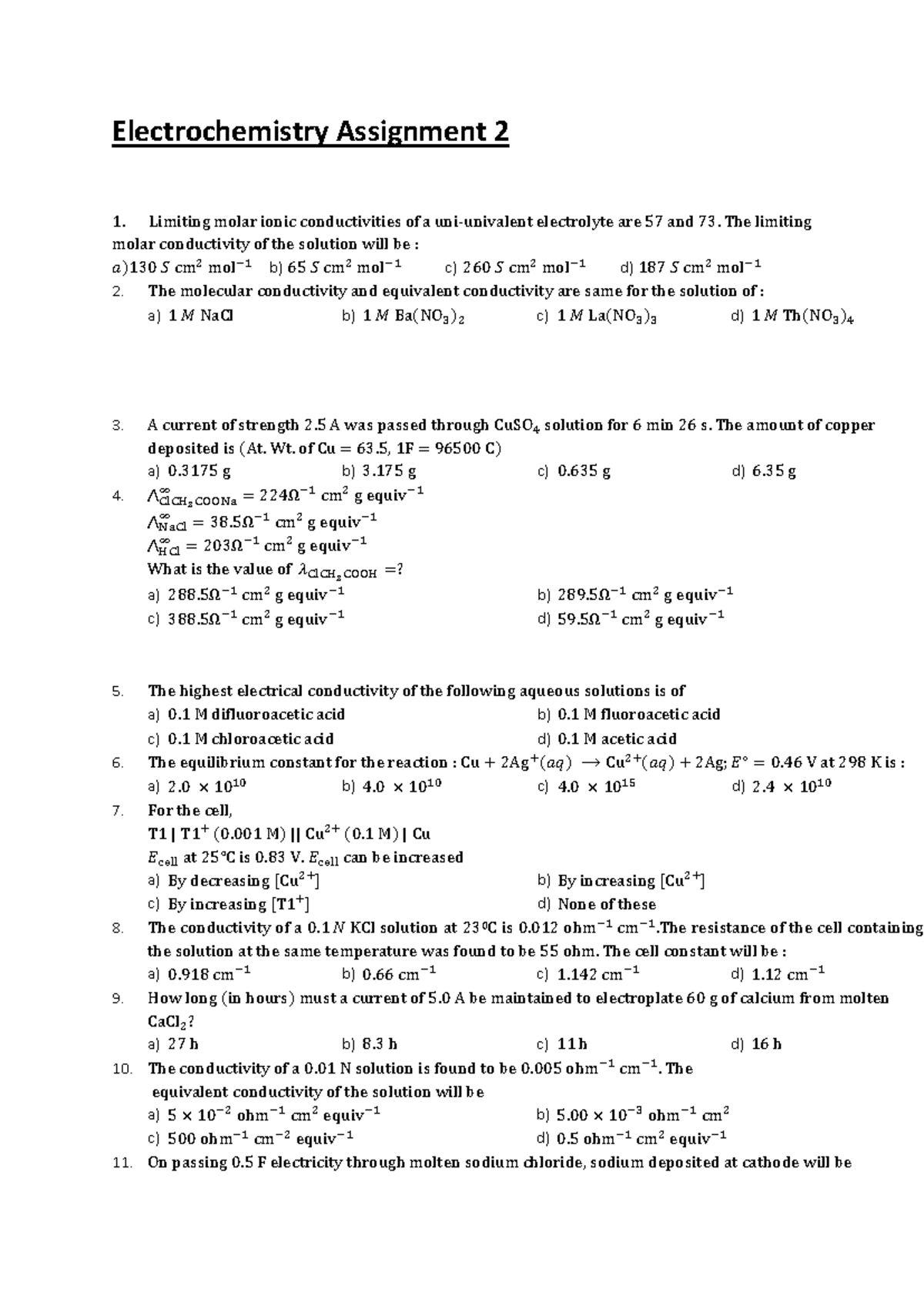 Electrochemistry Assignment 2: Conductivity and Electrolysis Problems ...