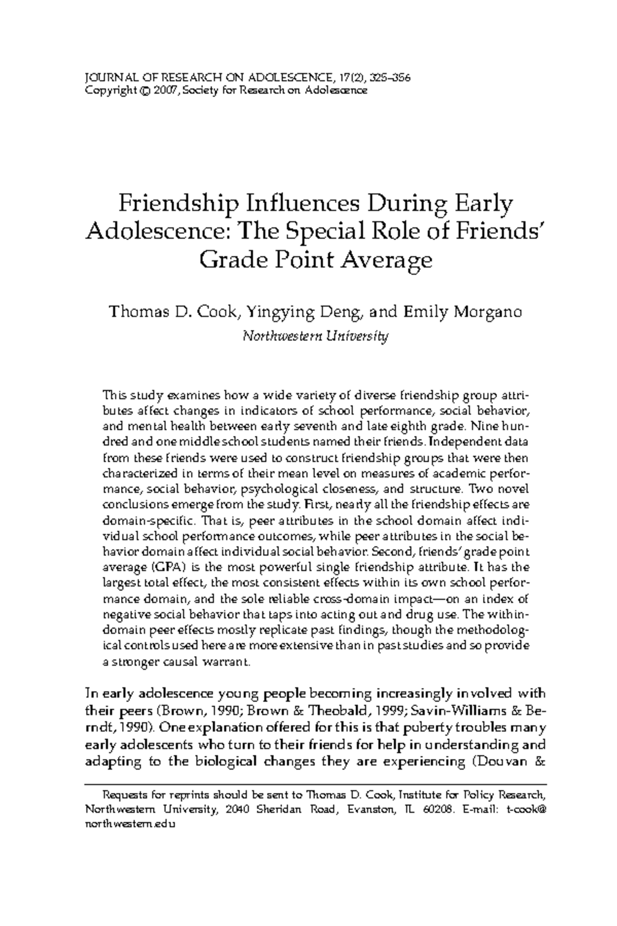 Friendship Influences on GPA and Social Behavior in Early Adolescence ...