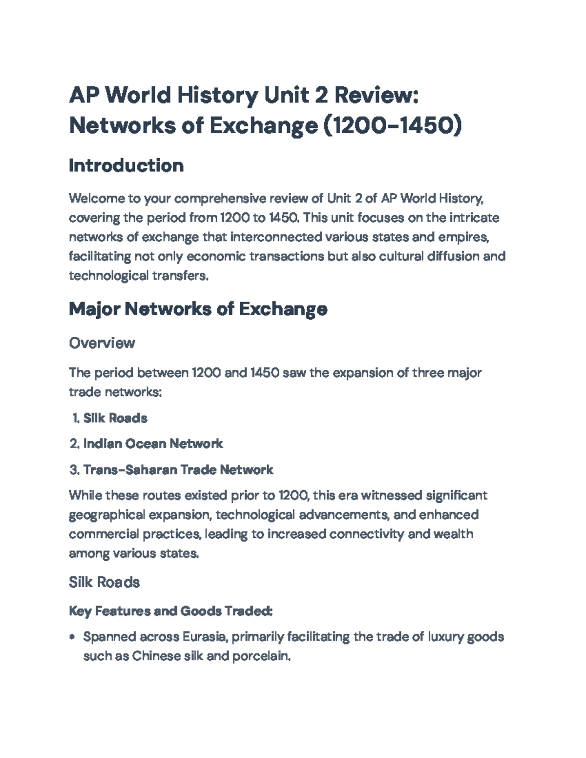 AP World History Unit 2: Exam Review on Trade Networks (1200-1450 ...
