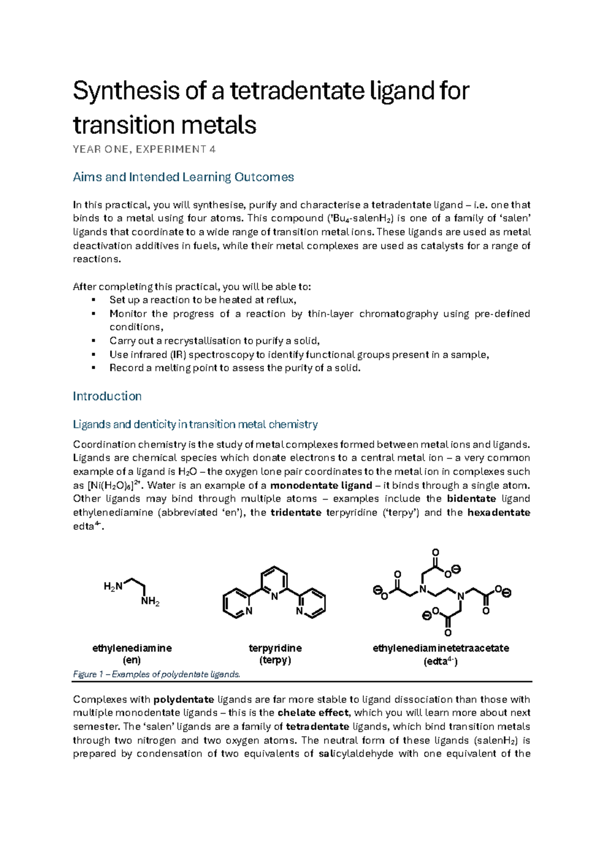 Experiment 4 - Synthesis of a tetradentate ligand for transition metals ...