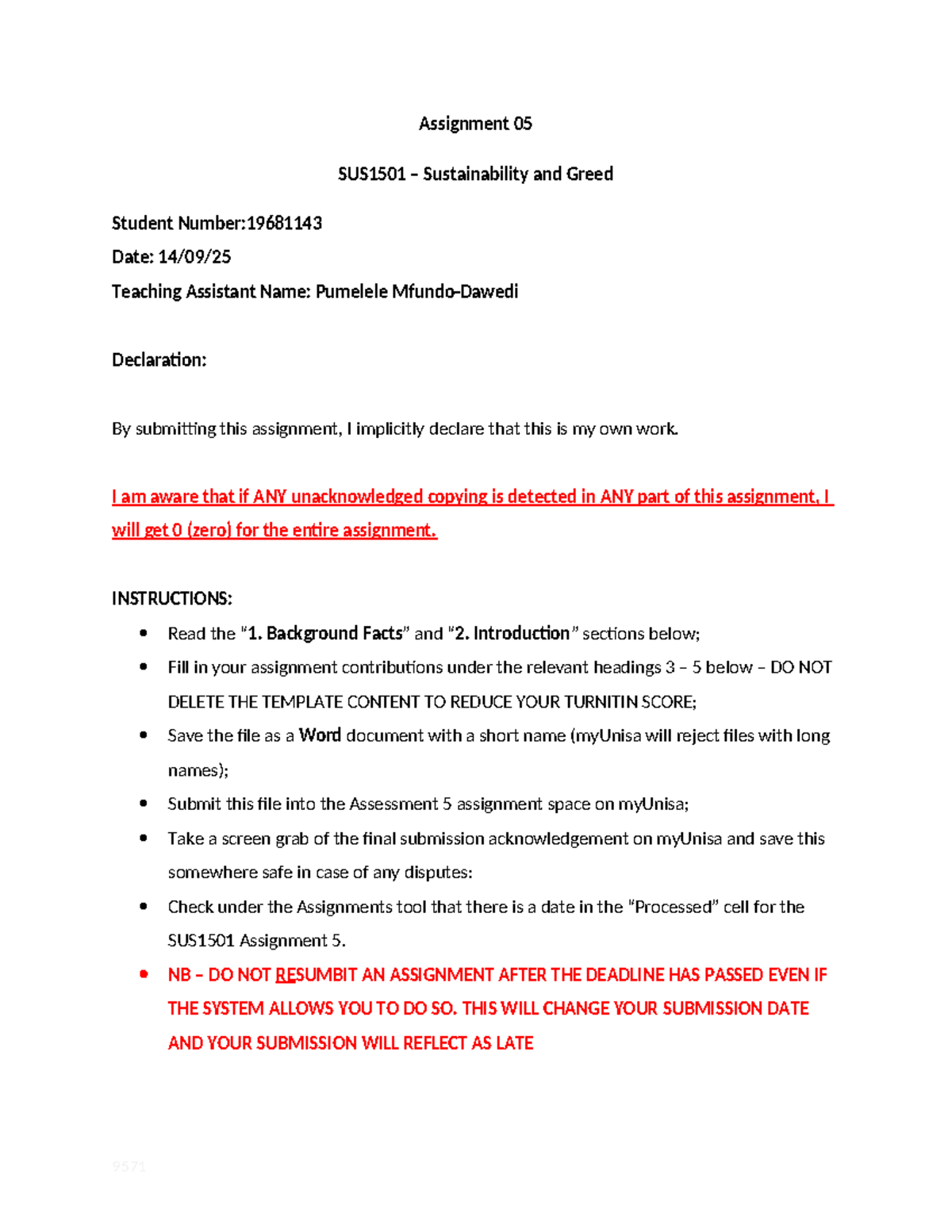 SUS1501 Assignment 05: Exploring Sustainability and Legacy - Studocu
