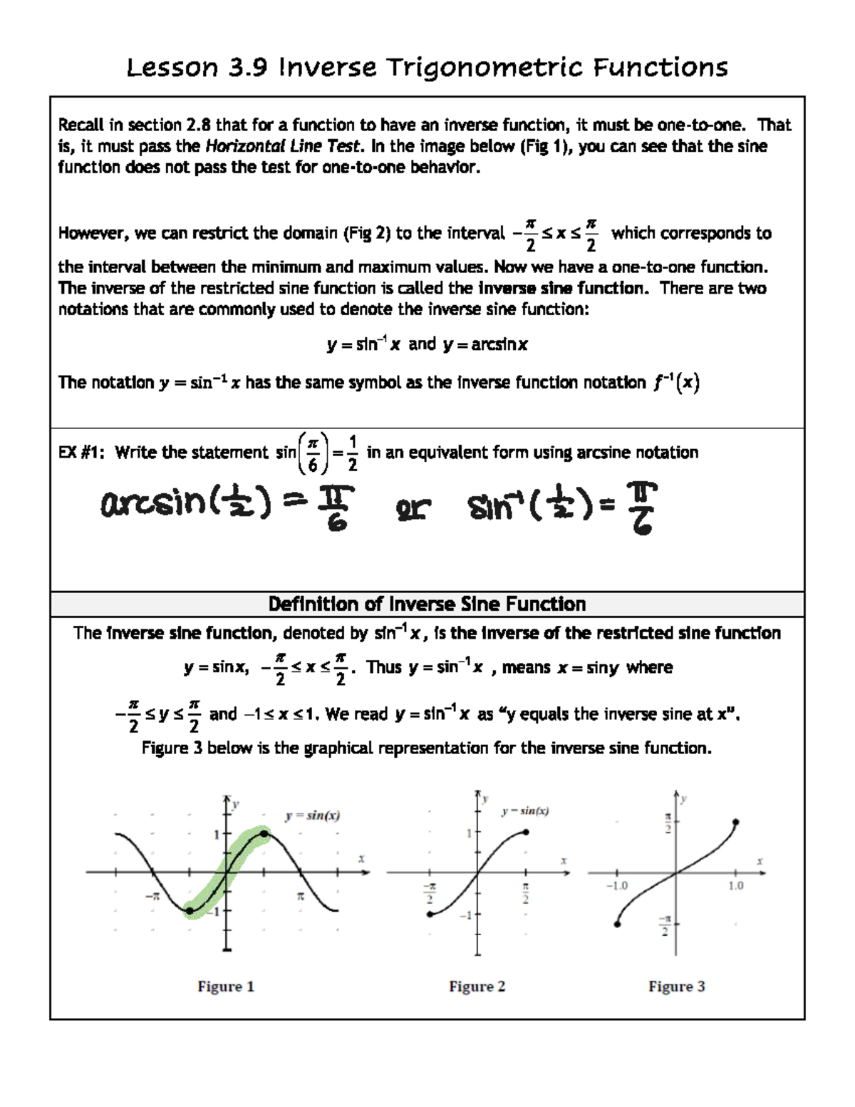 Lesson 3.9: Inverse Trigonometric Functions Notes - Studocu
