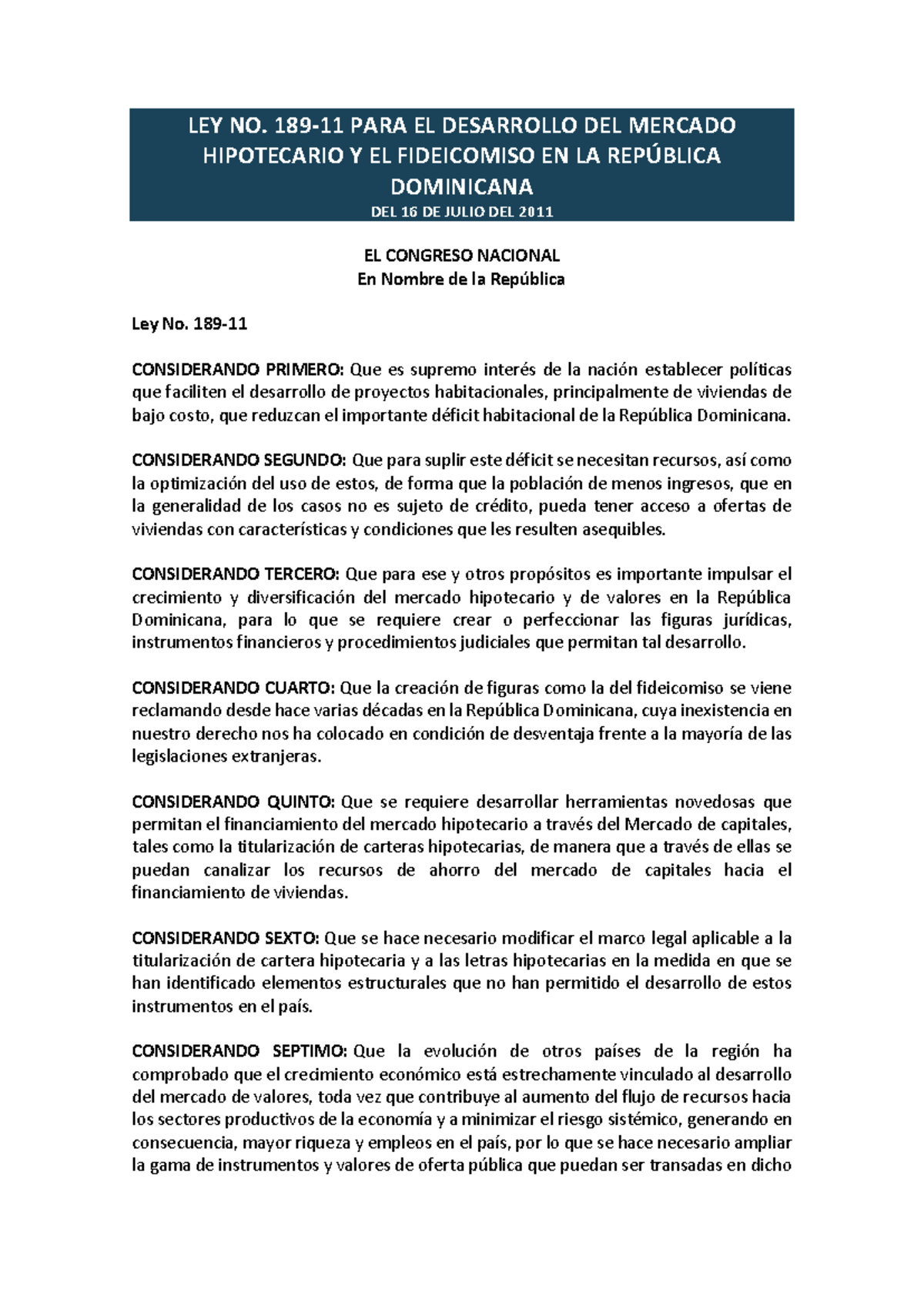 Ley 189-11: Desarrollo del Mercado Hipotecario y Fideicomiso en RD ...