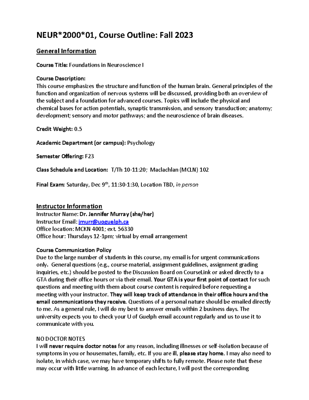 NEUR 2000 Foundations in Neuroscience I - Fall 2023 Course Outline ...