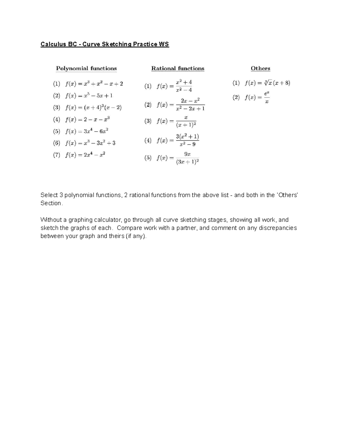 Calculus BC - Curve Sketching Practice WS - MA 16010 - Without a ...