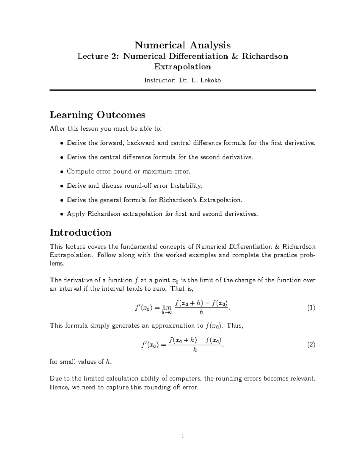 Numerical Analysis Lecture 2: Numerical Differentiation & R ...