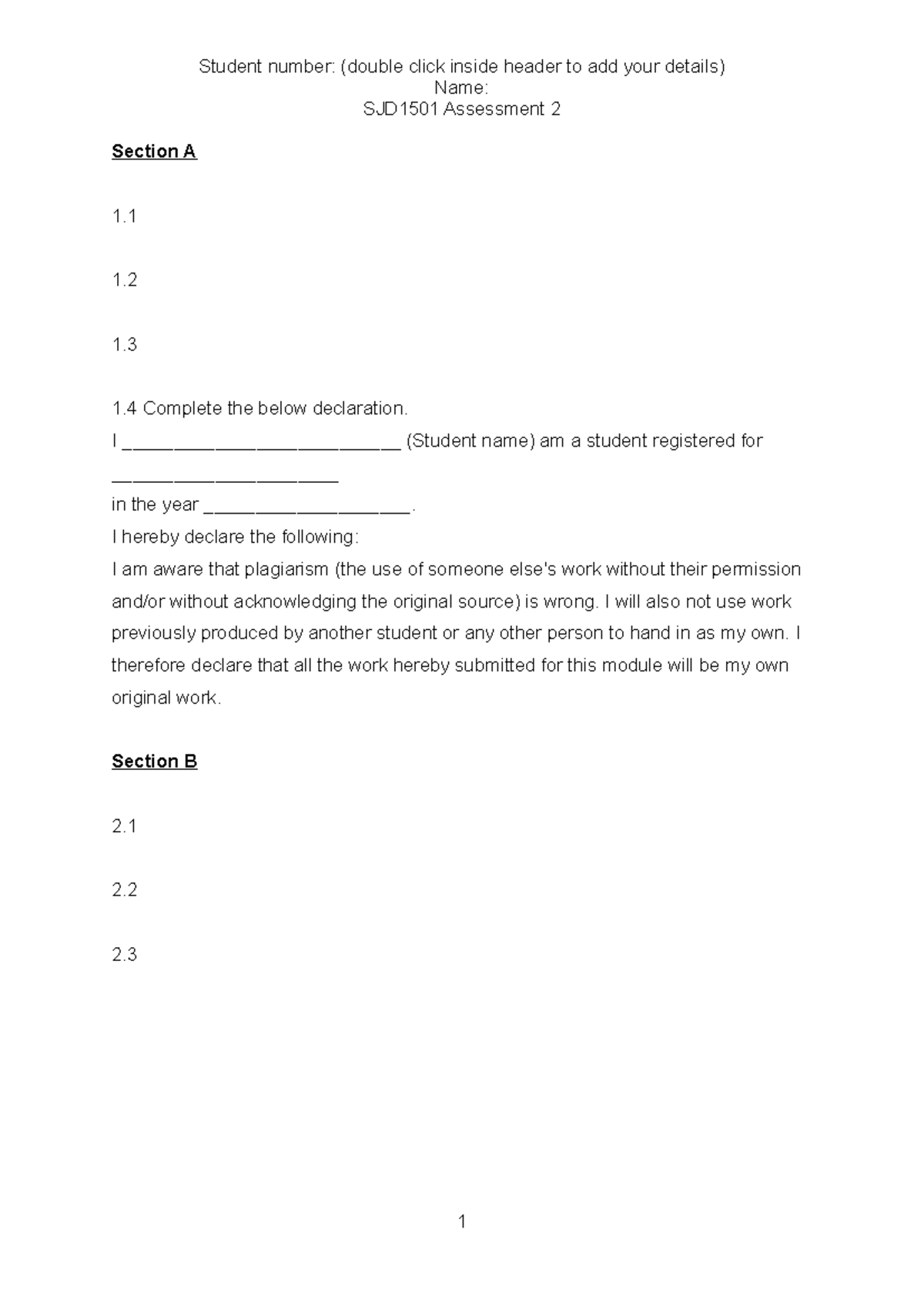 SJD1501 Assignment 2 Declaration Template - Studocu