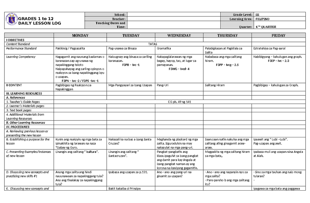 DLL Filipino 3 Q4 W3 - Daily Lesson Log and Activities - Studocu