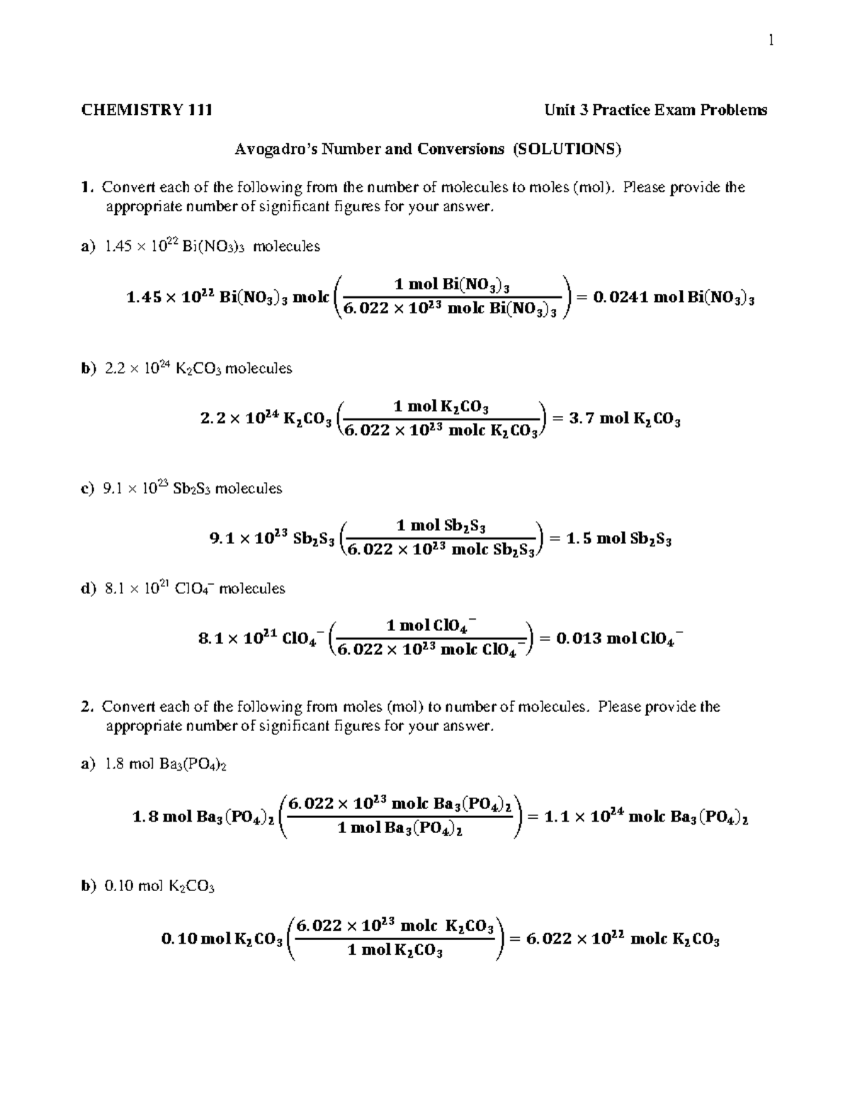 CHEM 111 Unit 3 Practice Exam: Avogadro's Number & Conversions - Studocu
