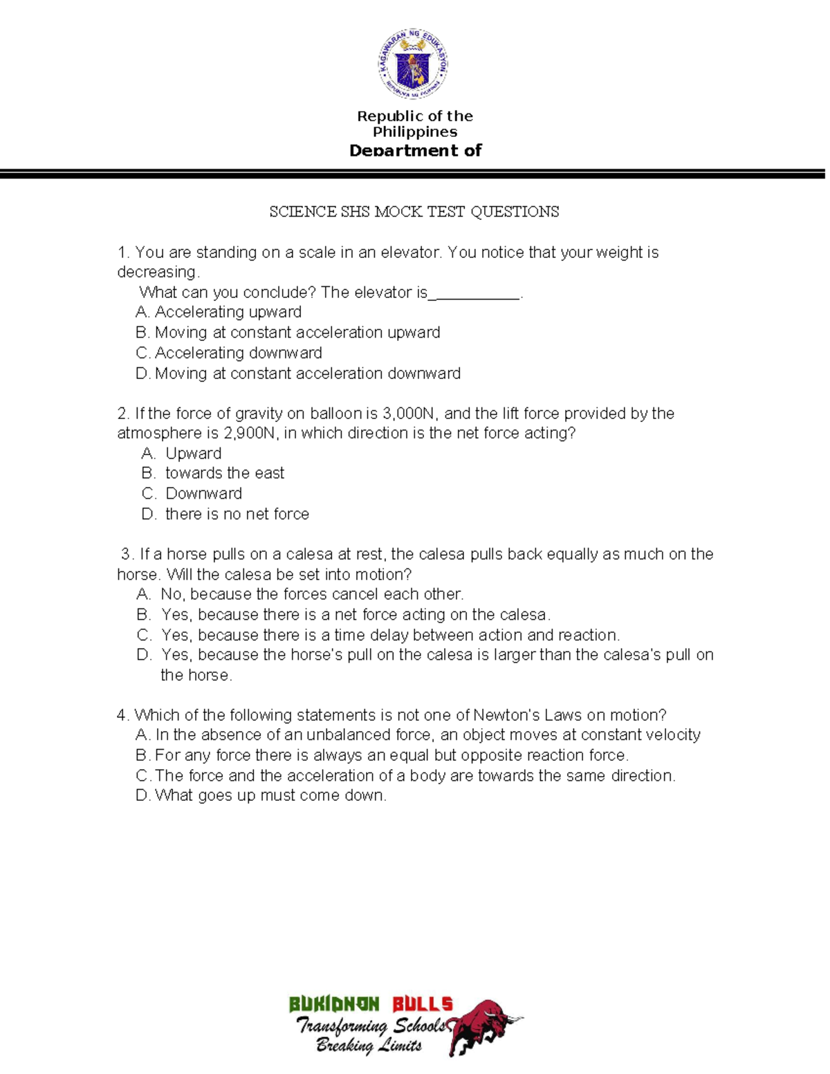 Science-12 - SHS Mock Test Questions on Physics and Biology Concepts ...