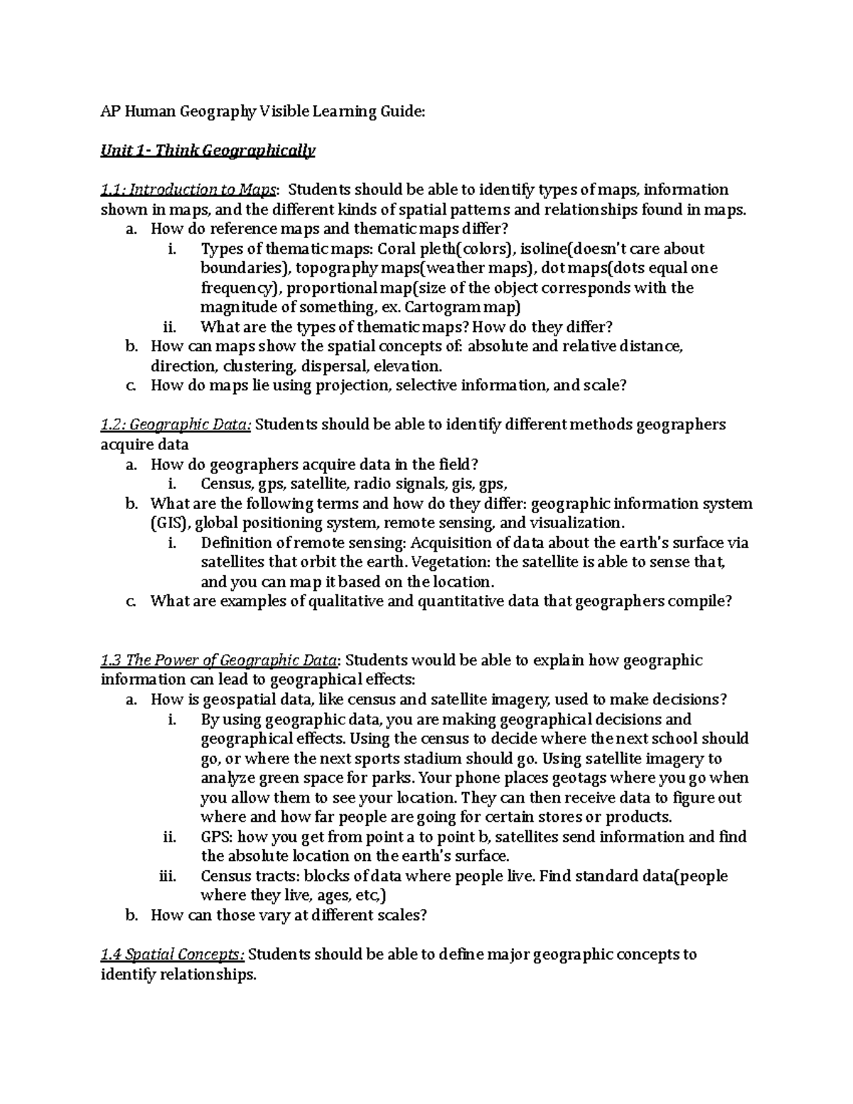 AP Human Geography: Unit 1 Visible Learning Guide Insights - Studocu