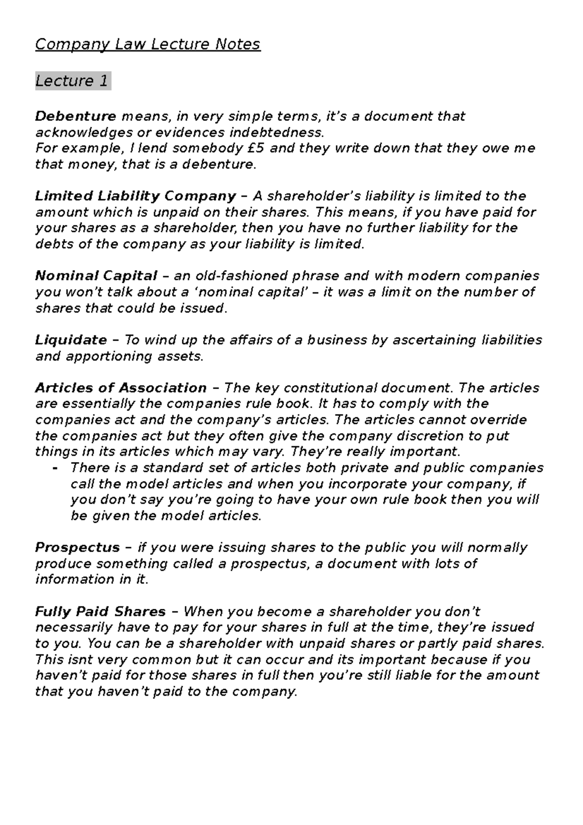 Company Law Lecture Notes: Key Concepts and Lessons - Studocu