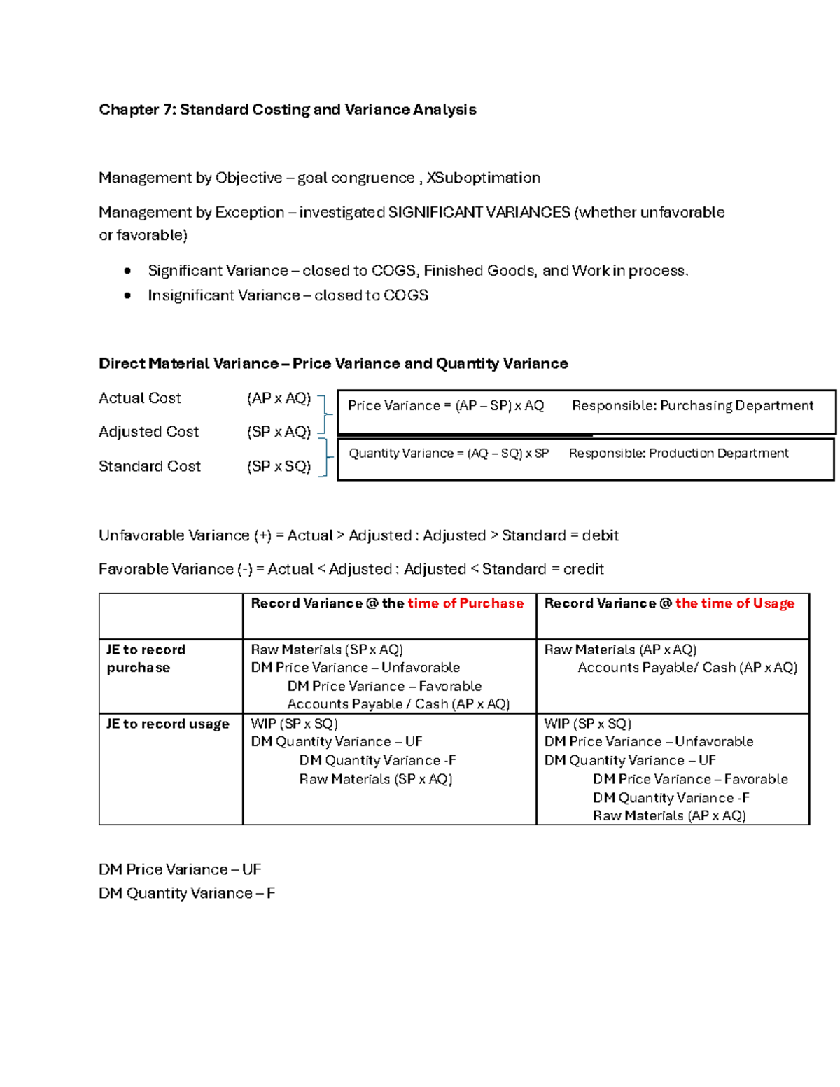 Chapter 7: Standard Costing & Variance Analysis Notes - Studocu