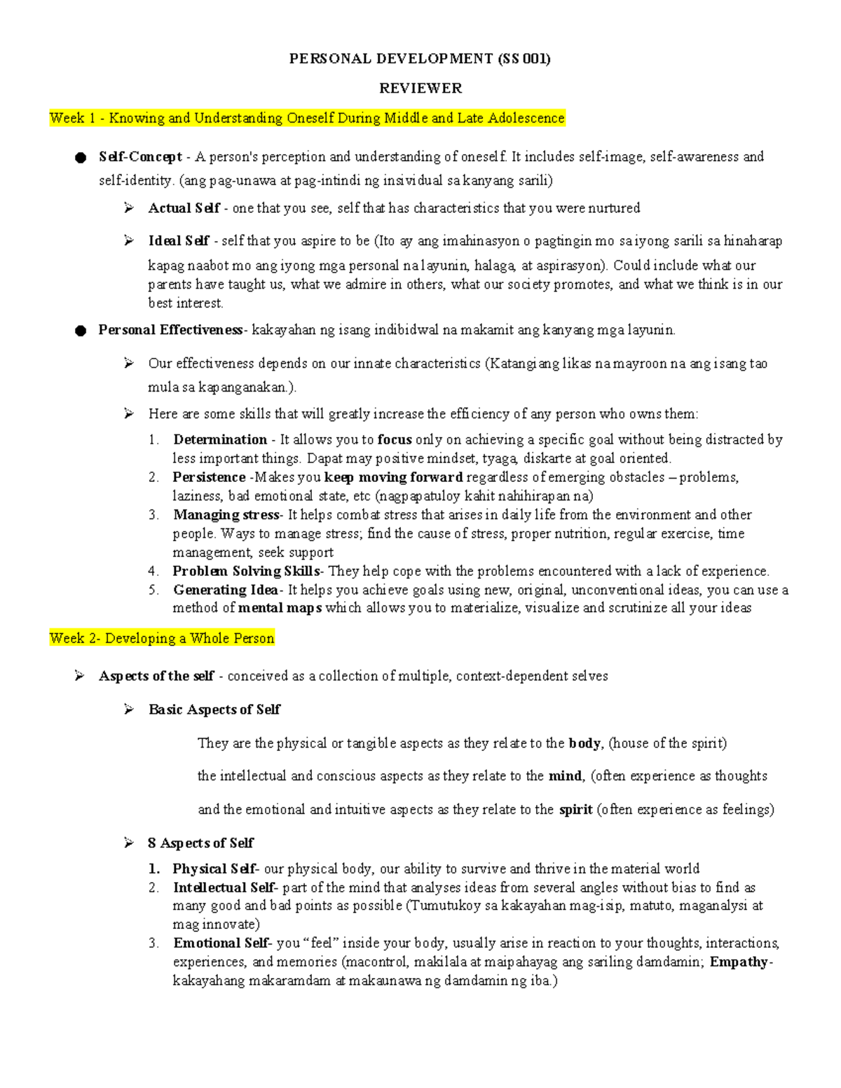 PERSONAL DEVELOPMENT (SS 001) REVIEWER: Understanding Self in ...